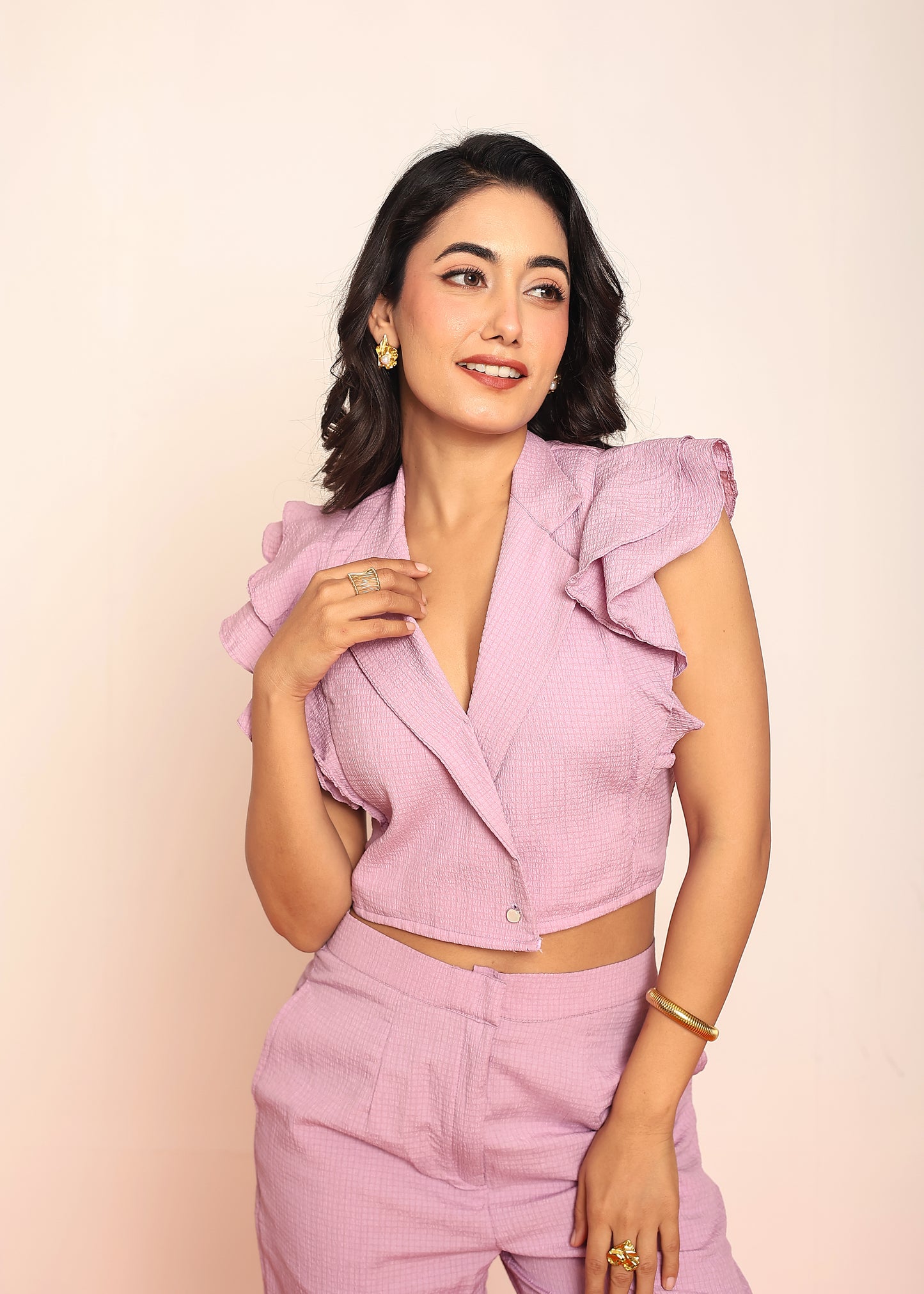 Ruffled crop blazer shirt