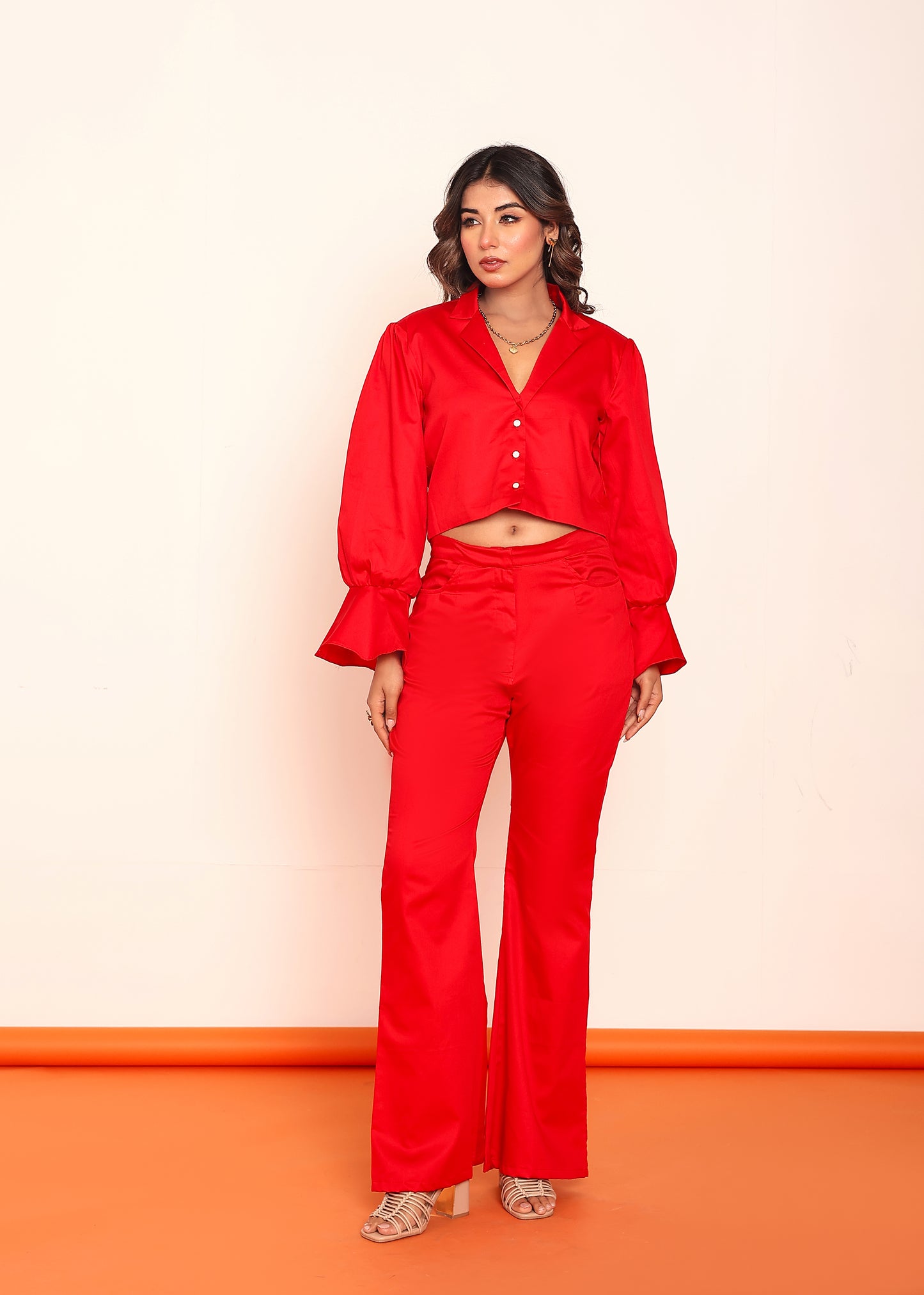 Hot red blazer shirt and bootcut pant set
