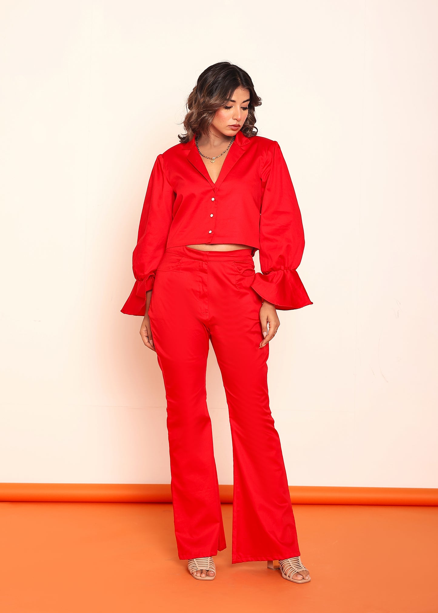 Hot red blazer shirt and bootcut pant set