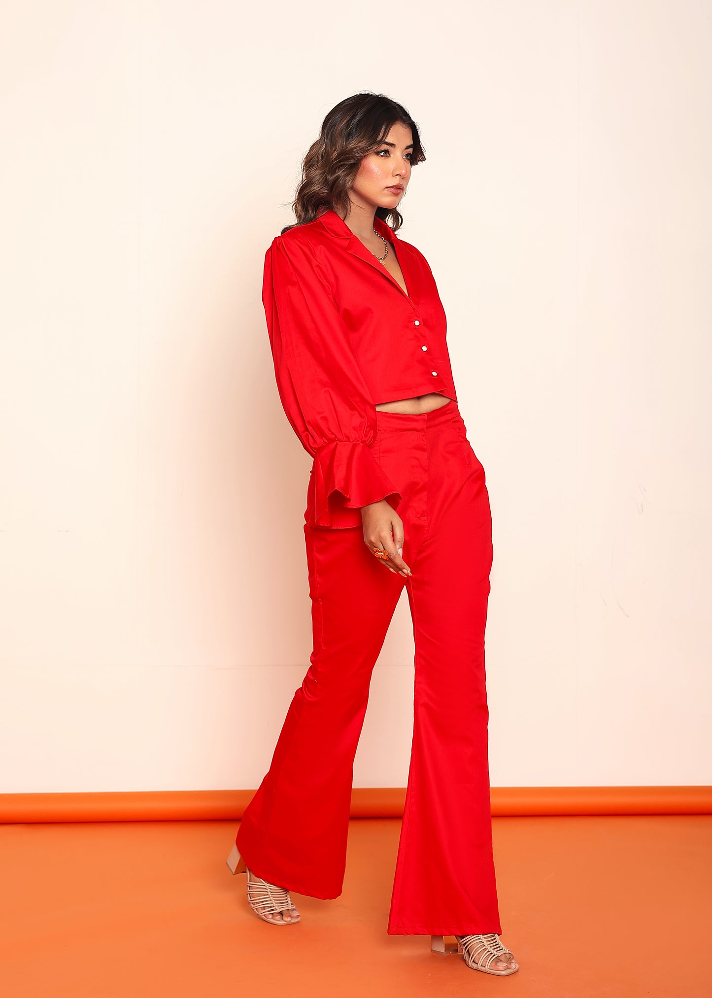 Hot red blazer shirt and bootcut pant set