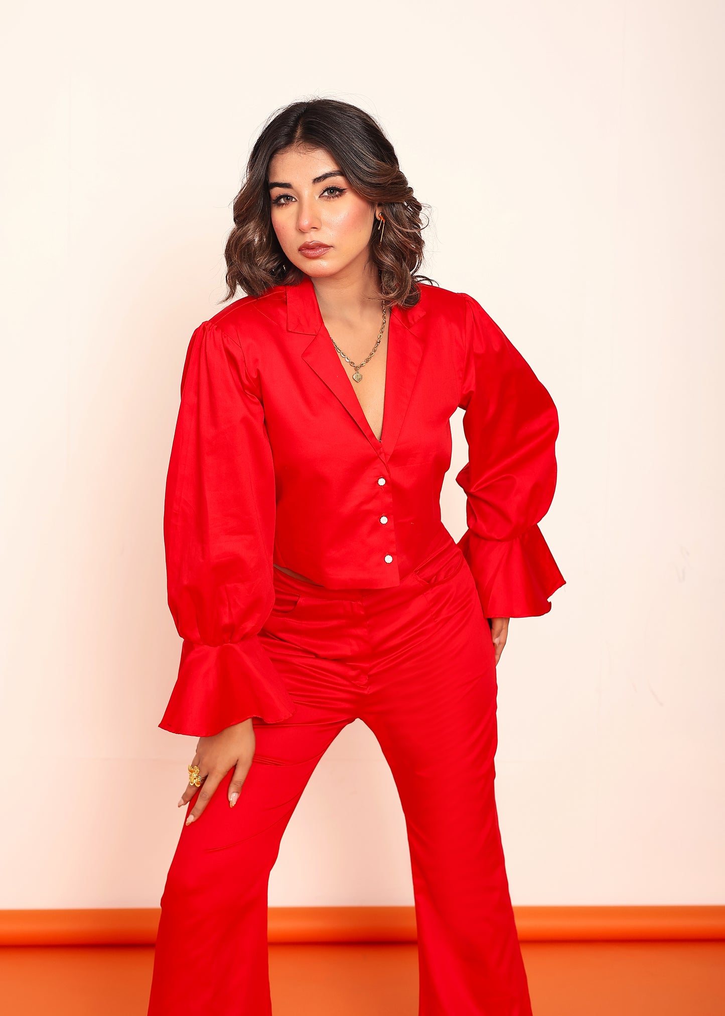 Hot red blazer shirt and bootcut pant set