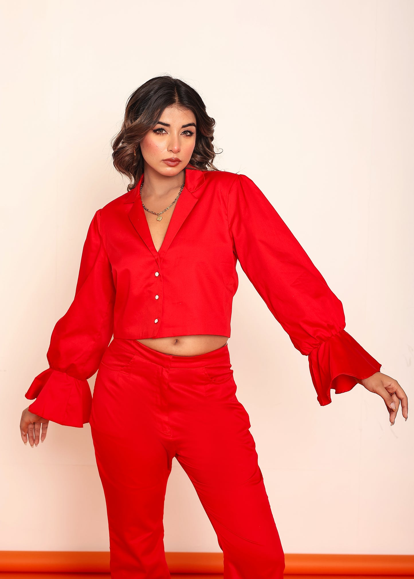 Hot red blazer shirt and bootcut pant set