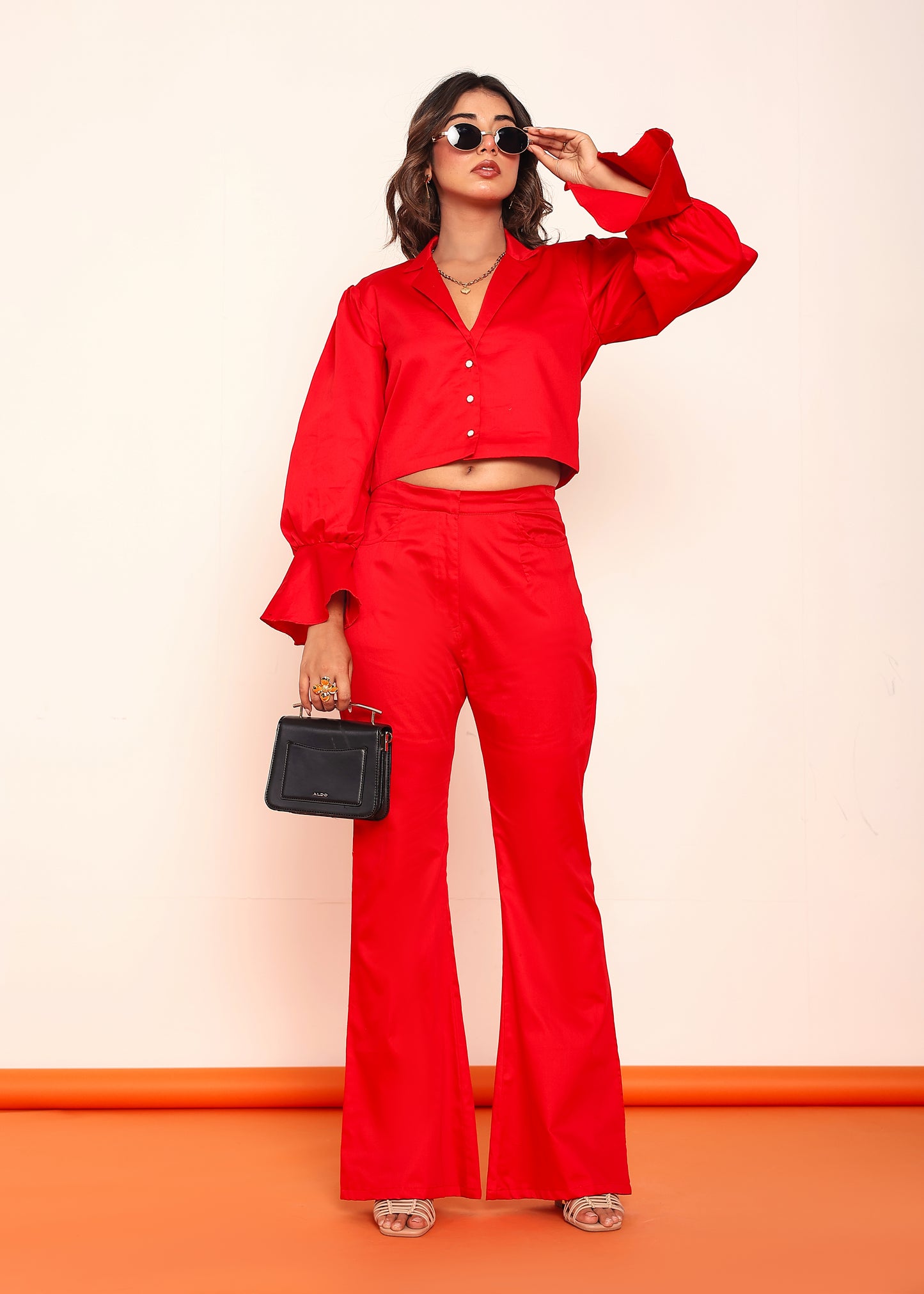 Hot red blazer shirt and bootcut pant set