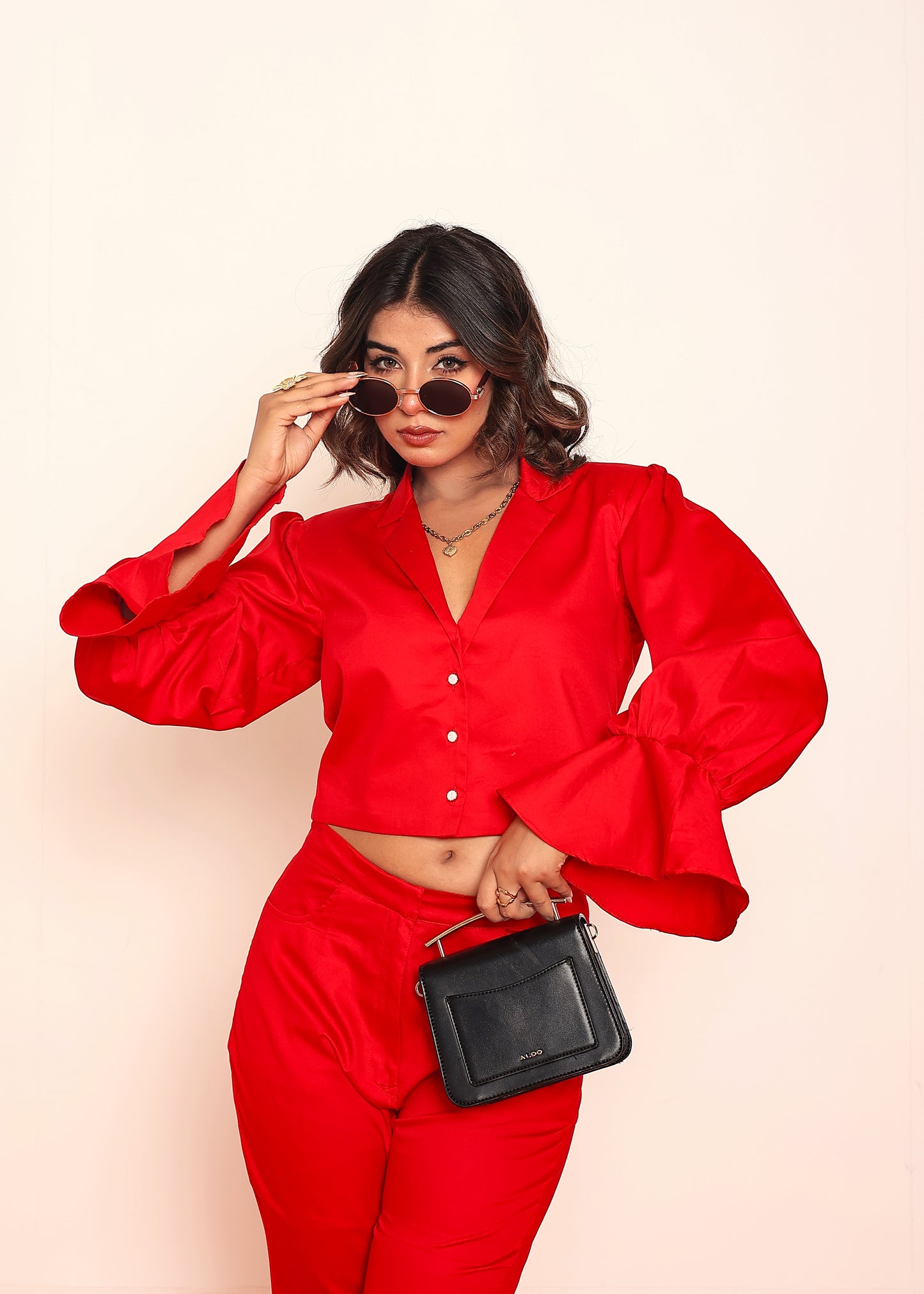 Hot red blazer shirt and bootcut pant set
