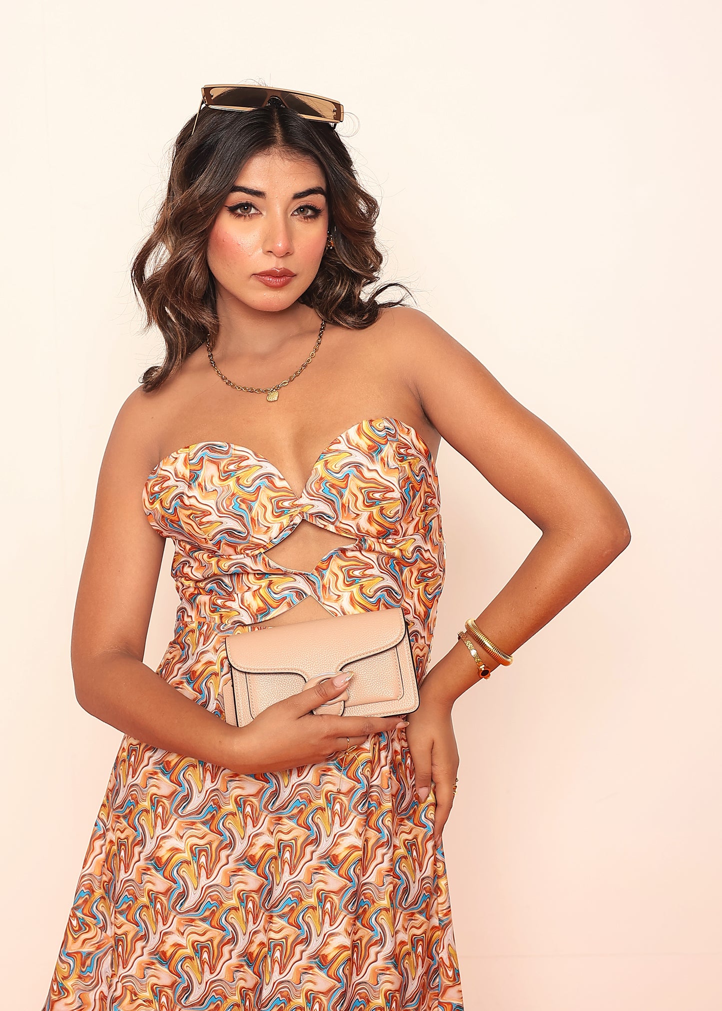 Printed midi off- shoulder dress with waist cutout