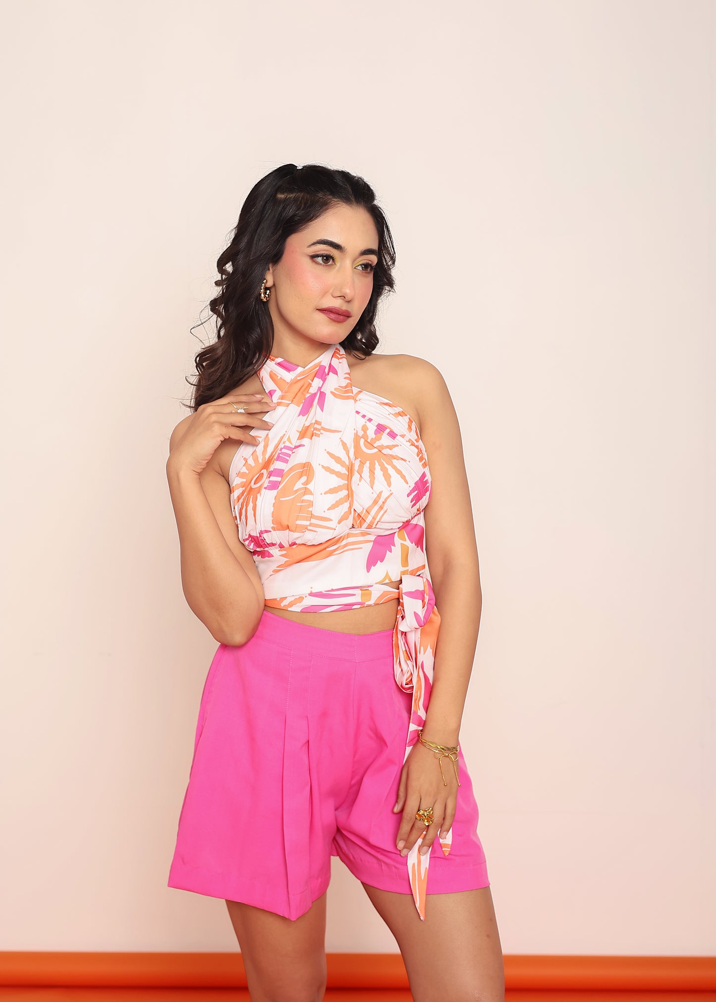 Pleated wrap-around top with shorts