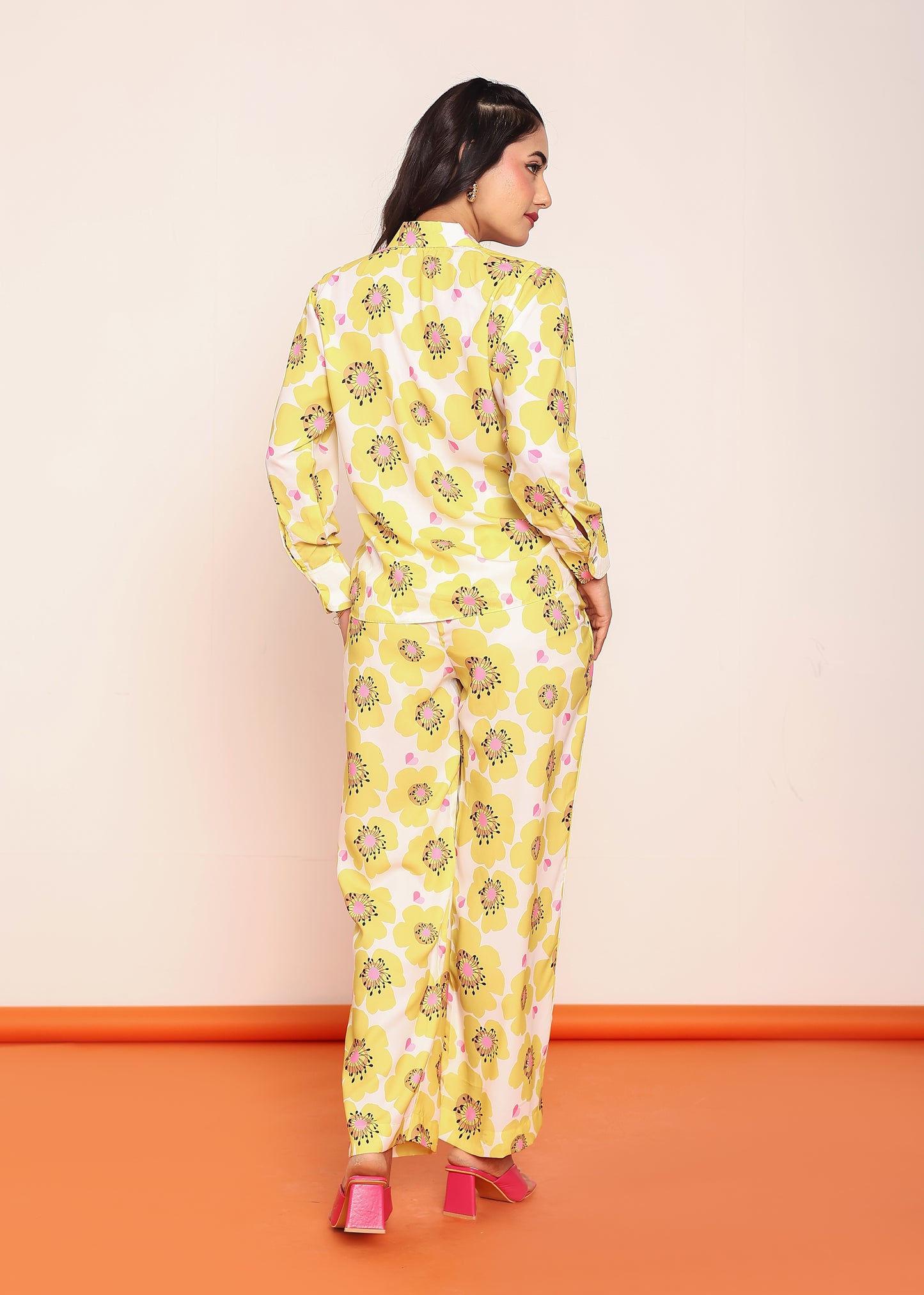 Printed pleated shirt & straight pant set