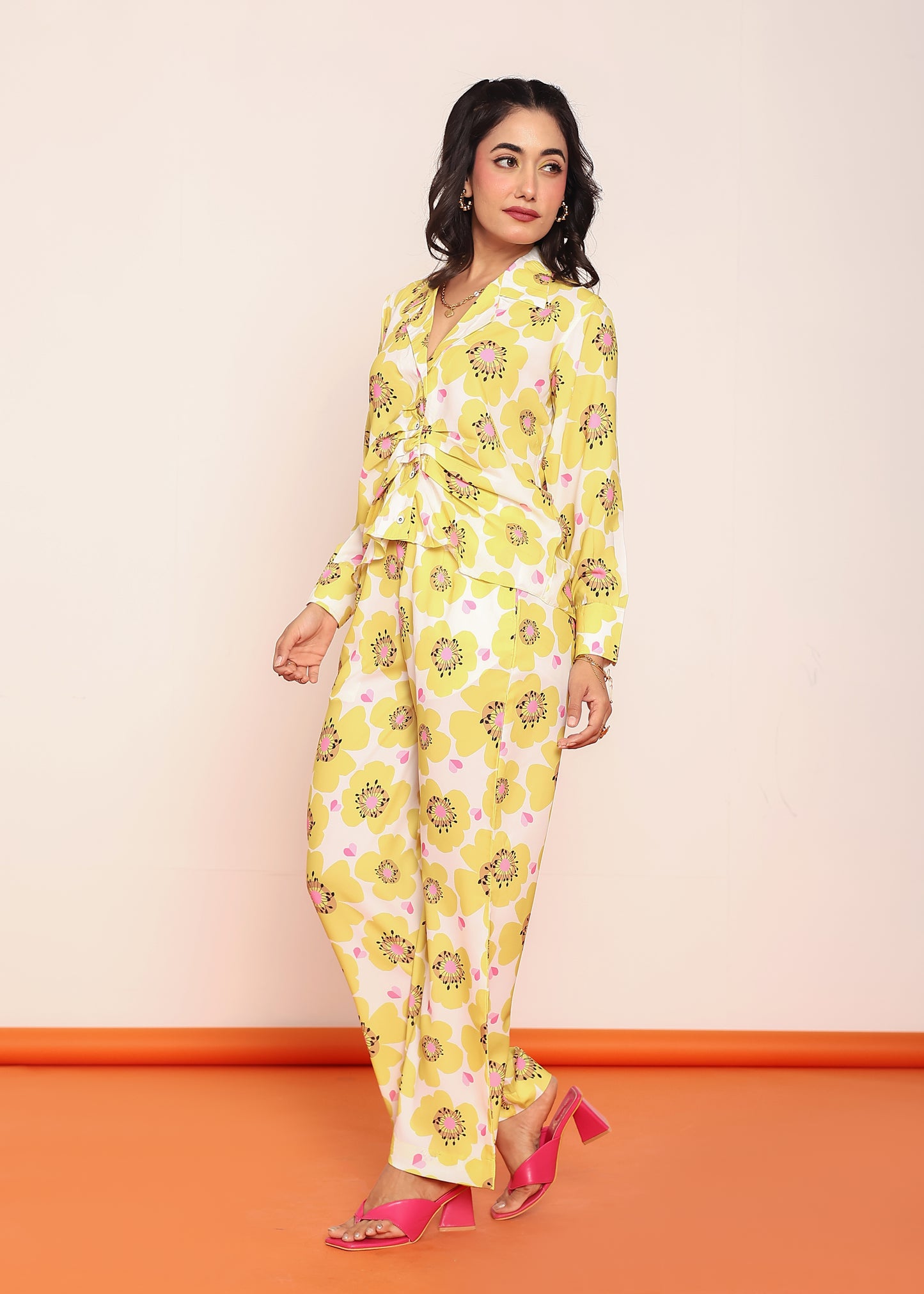 Printed pleated shirt & straight pant set