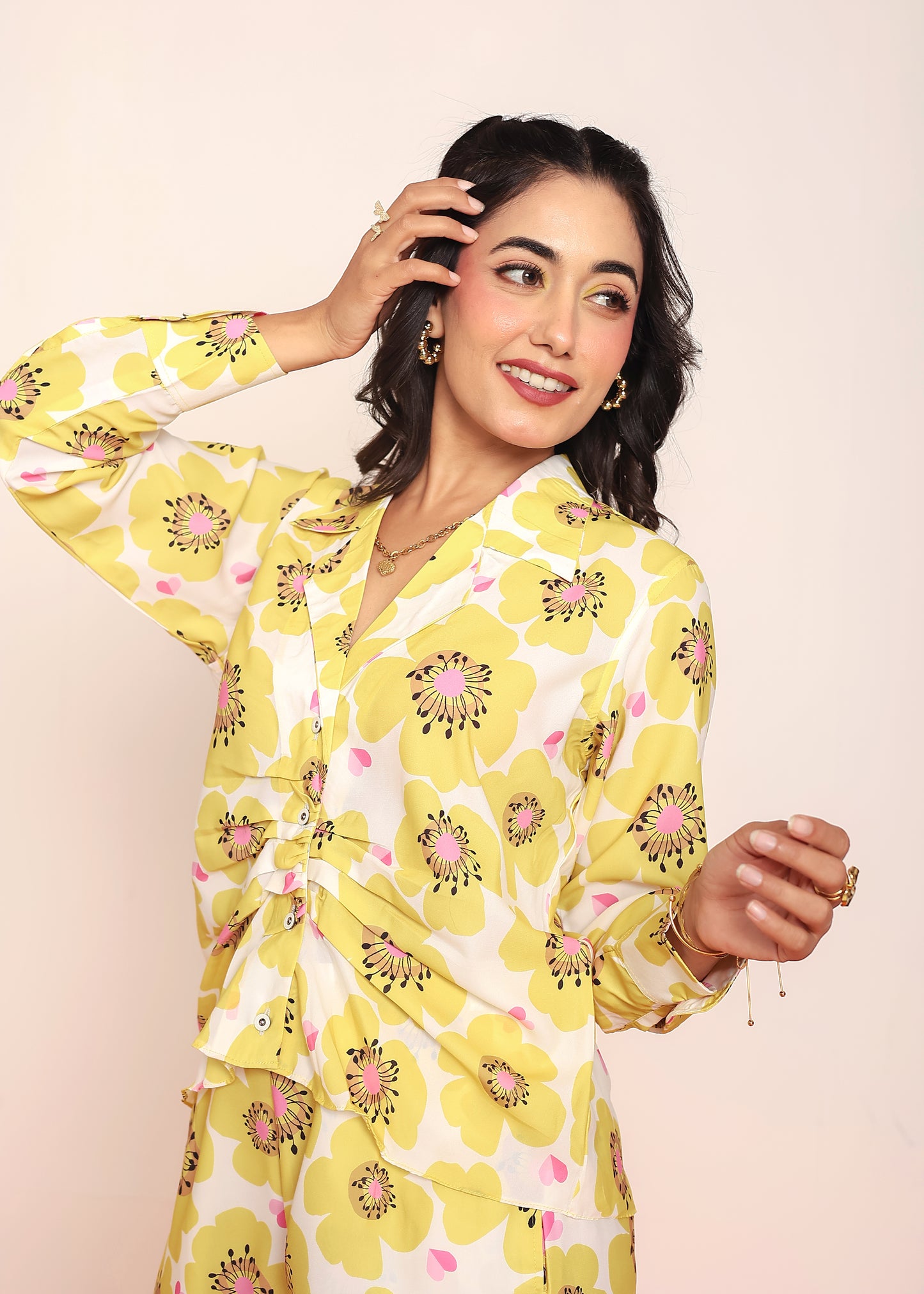 Printed pleated shirt & straight pant set