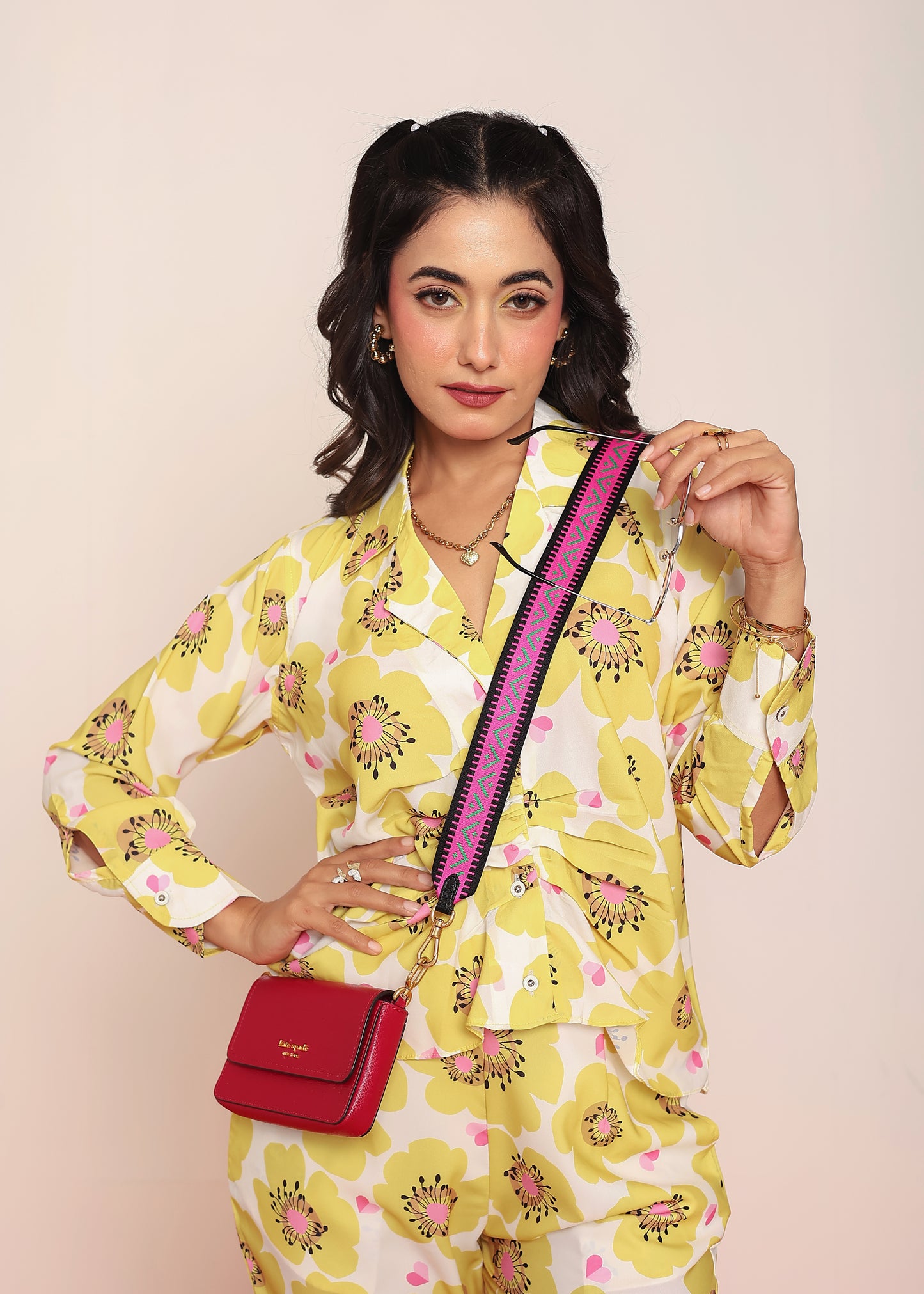 Printed pleated shirt & straight pant set