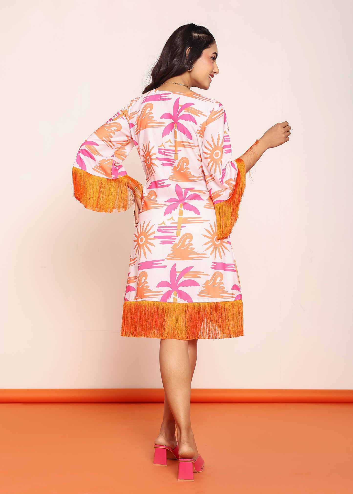 Printed knee length wrap- around dress with lace