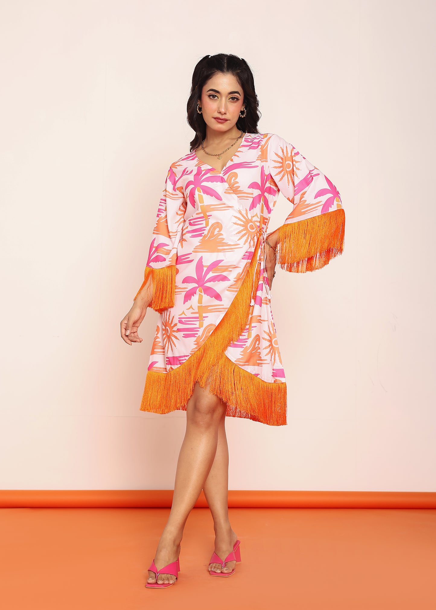 Printed knee length wrap- around dress with lace