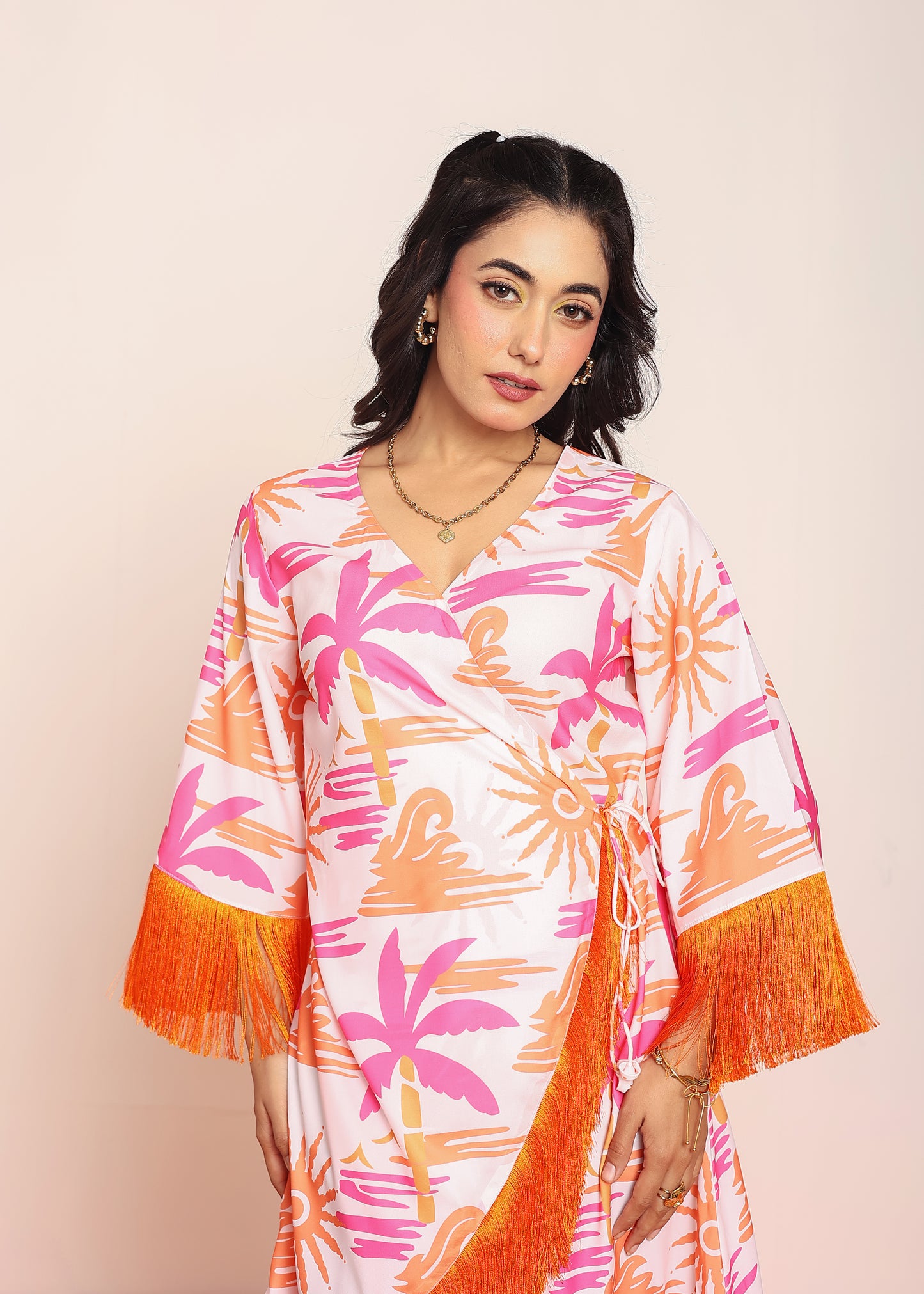 Printed knee length wrap- around dress with lace