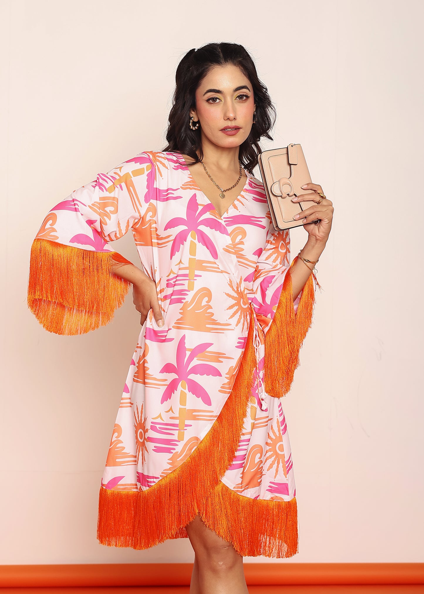Printed knee length wrap- around dress with lace