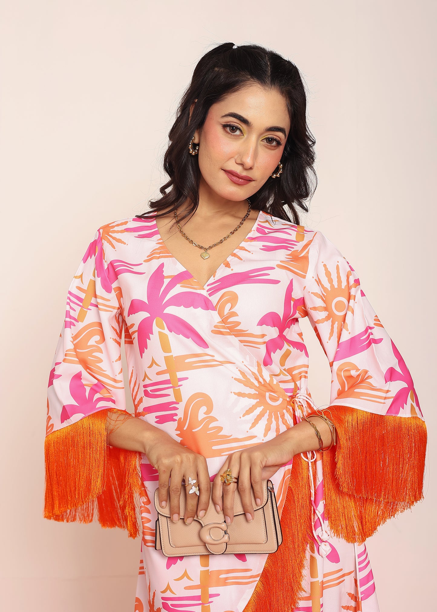Printed knee length wrap- around dress with lace
