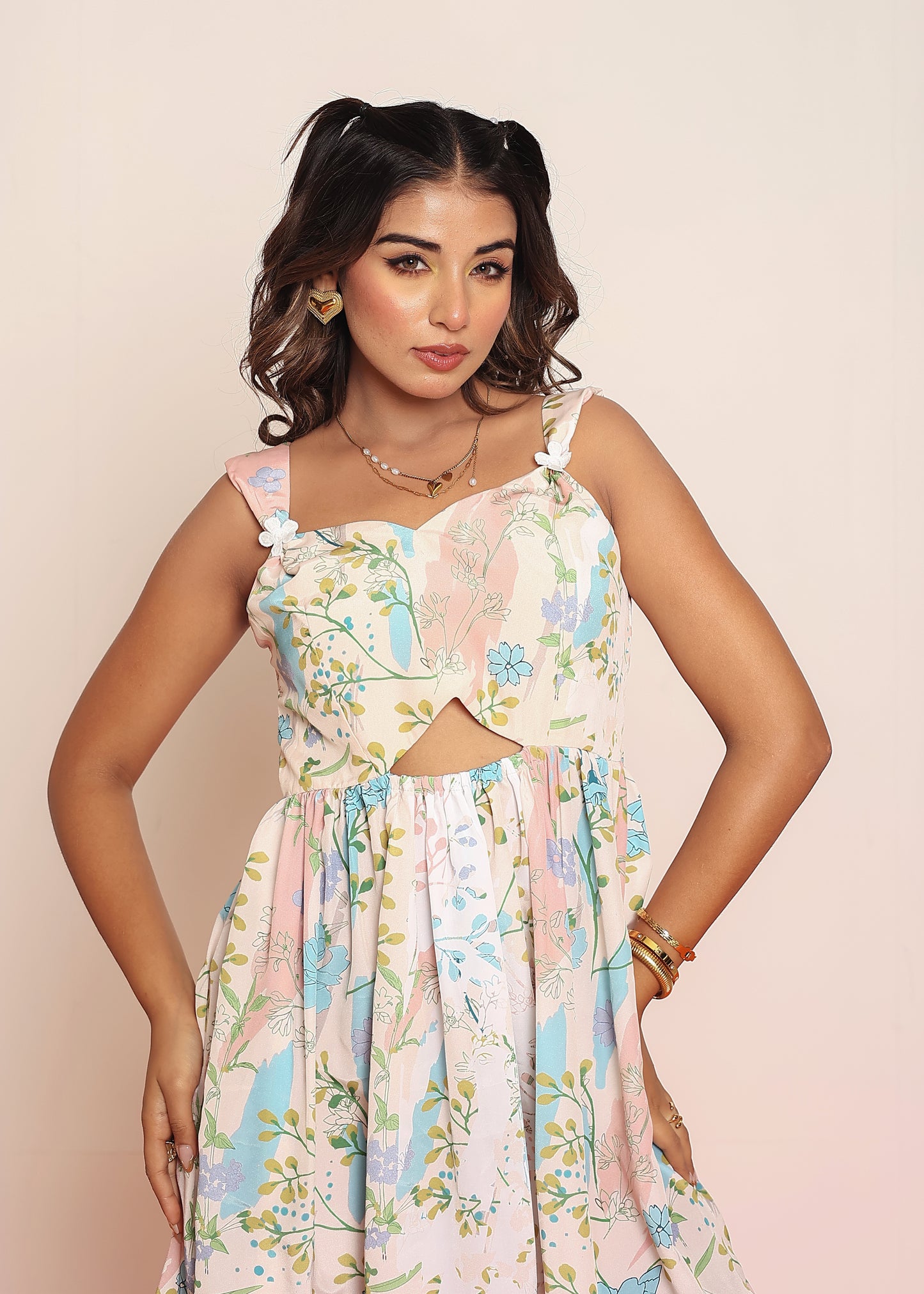 Printed mini waist cut-out dress