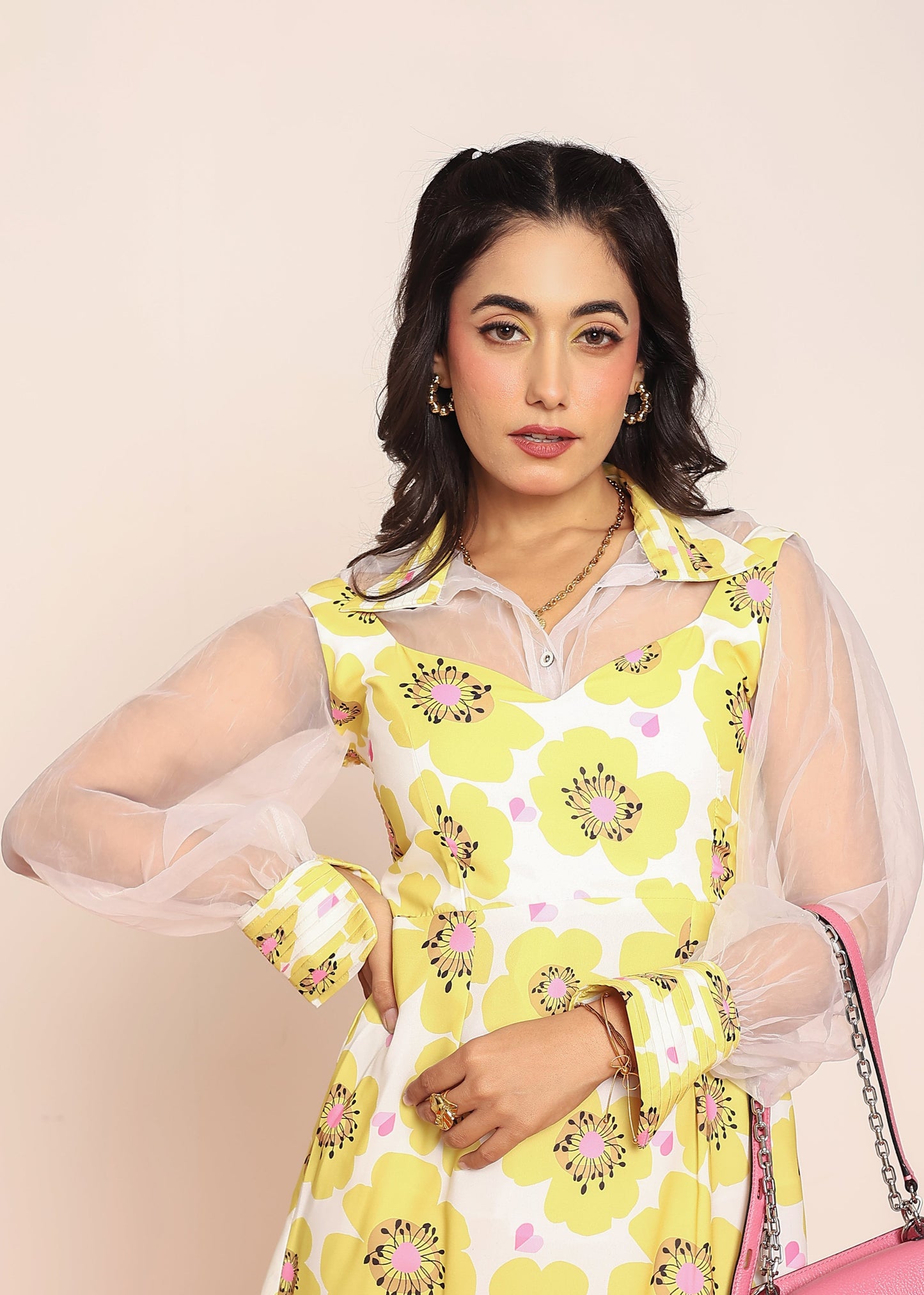Mini printed dress with organza shirt