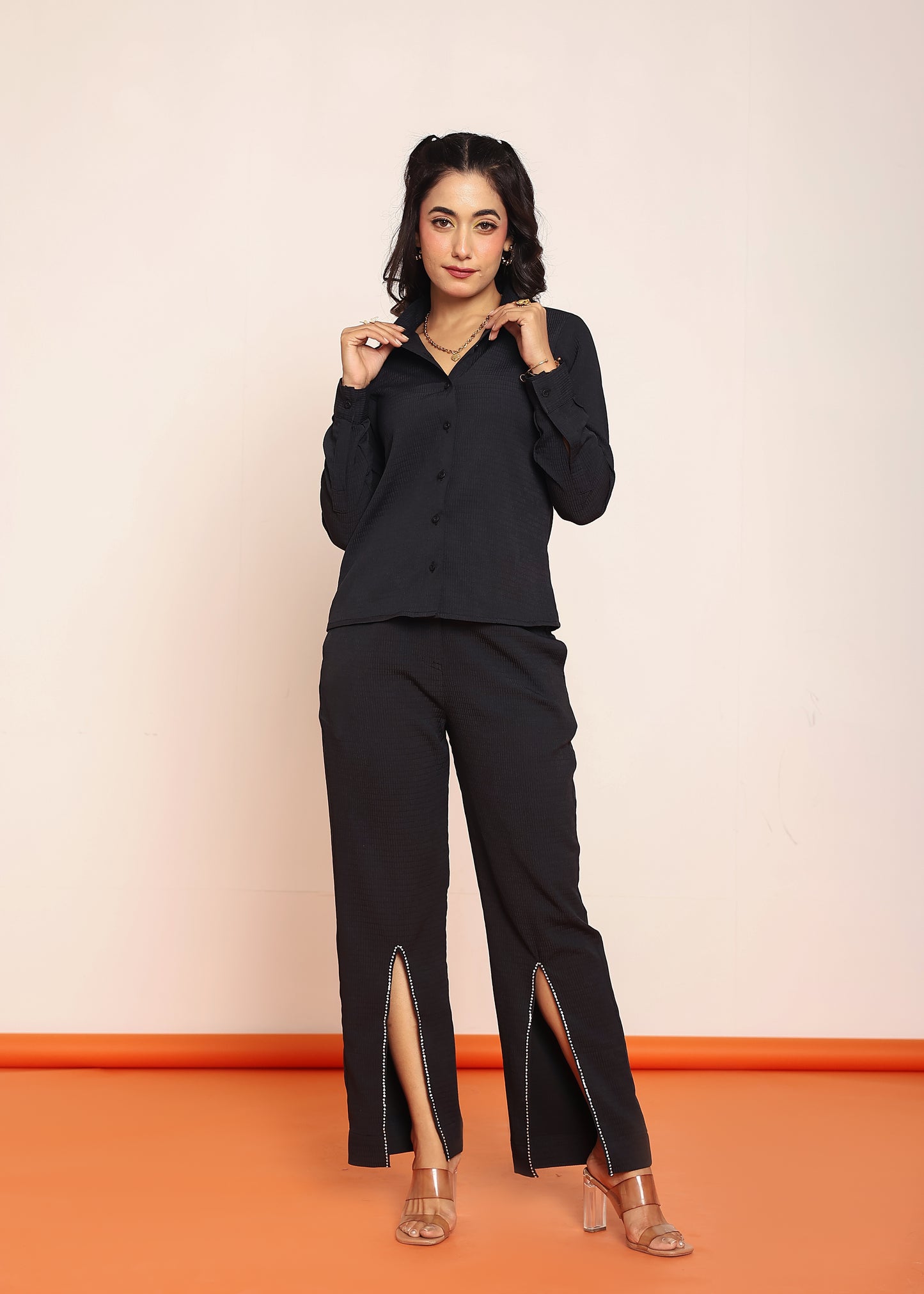 Detailed rhinestone shirt with pant