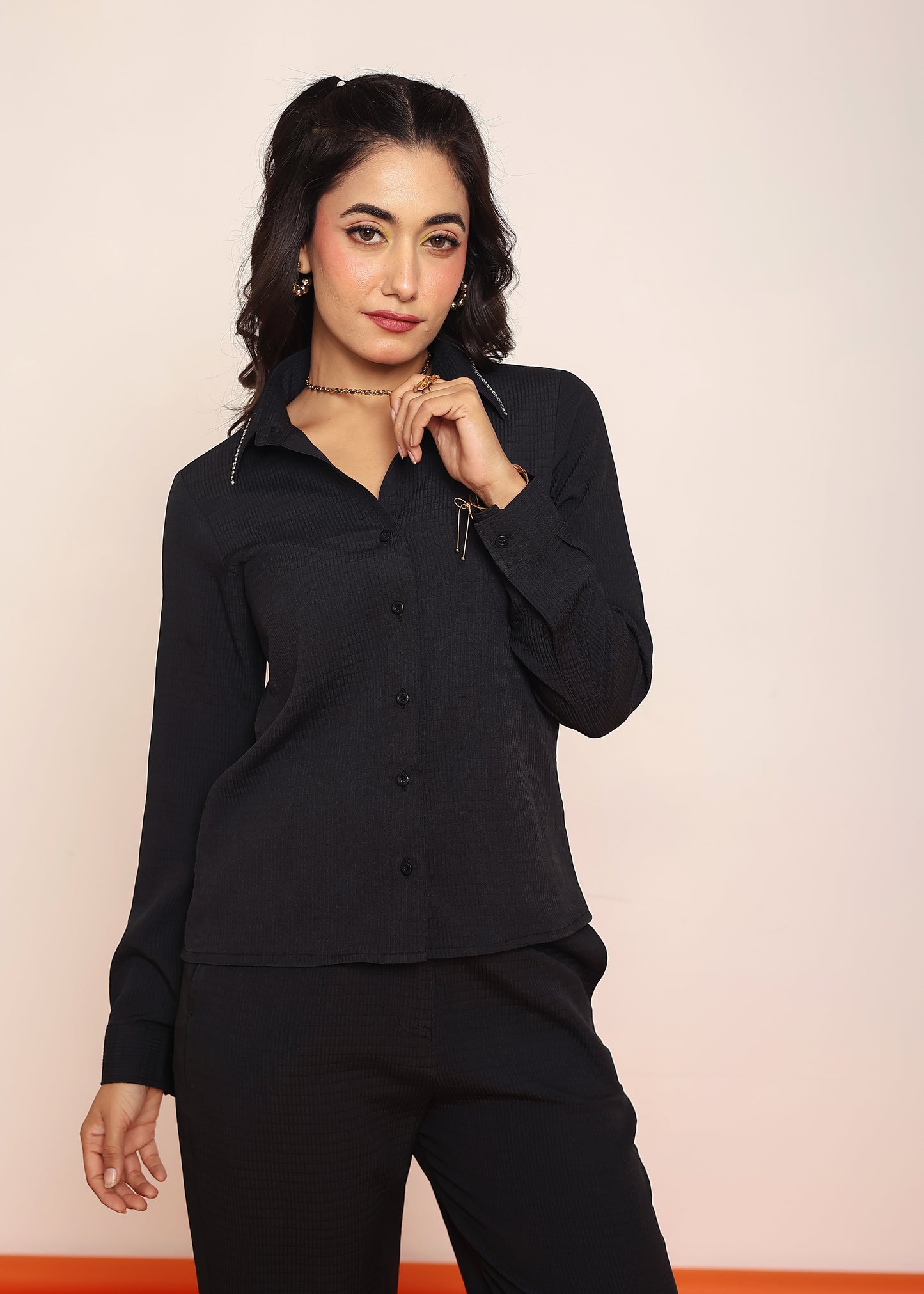 Detailed rhinestone shirt with pant