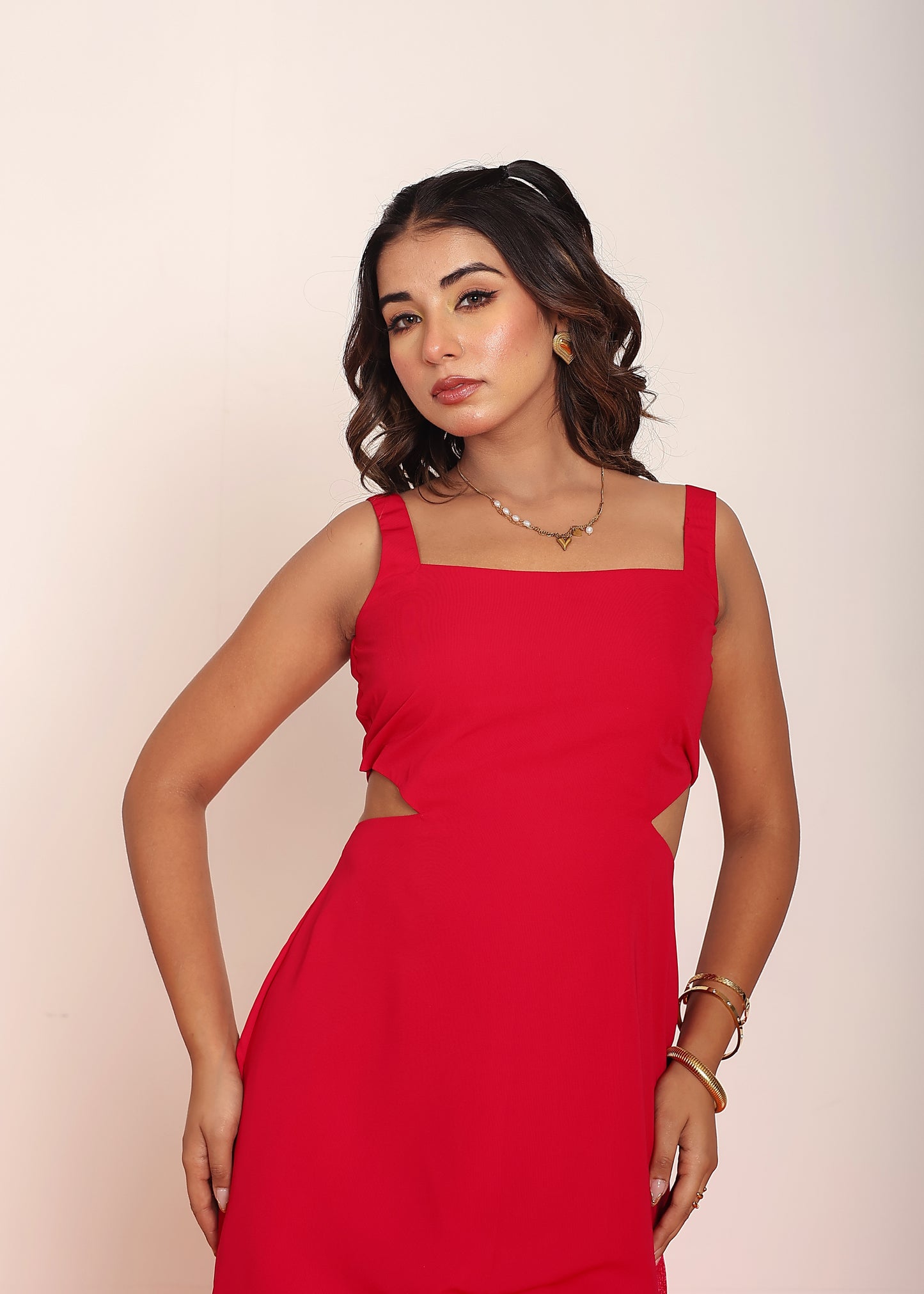 Hot pink side cut -outs fringes dress