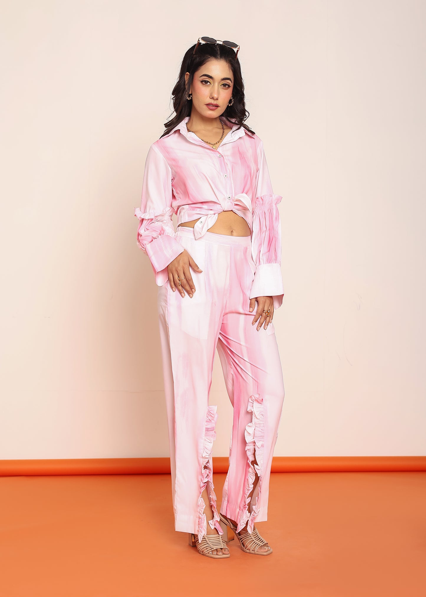 Pink printed co- ord set with detailed ruffles