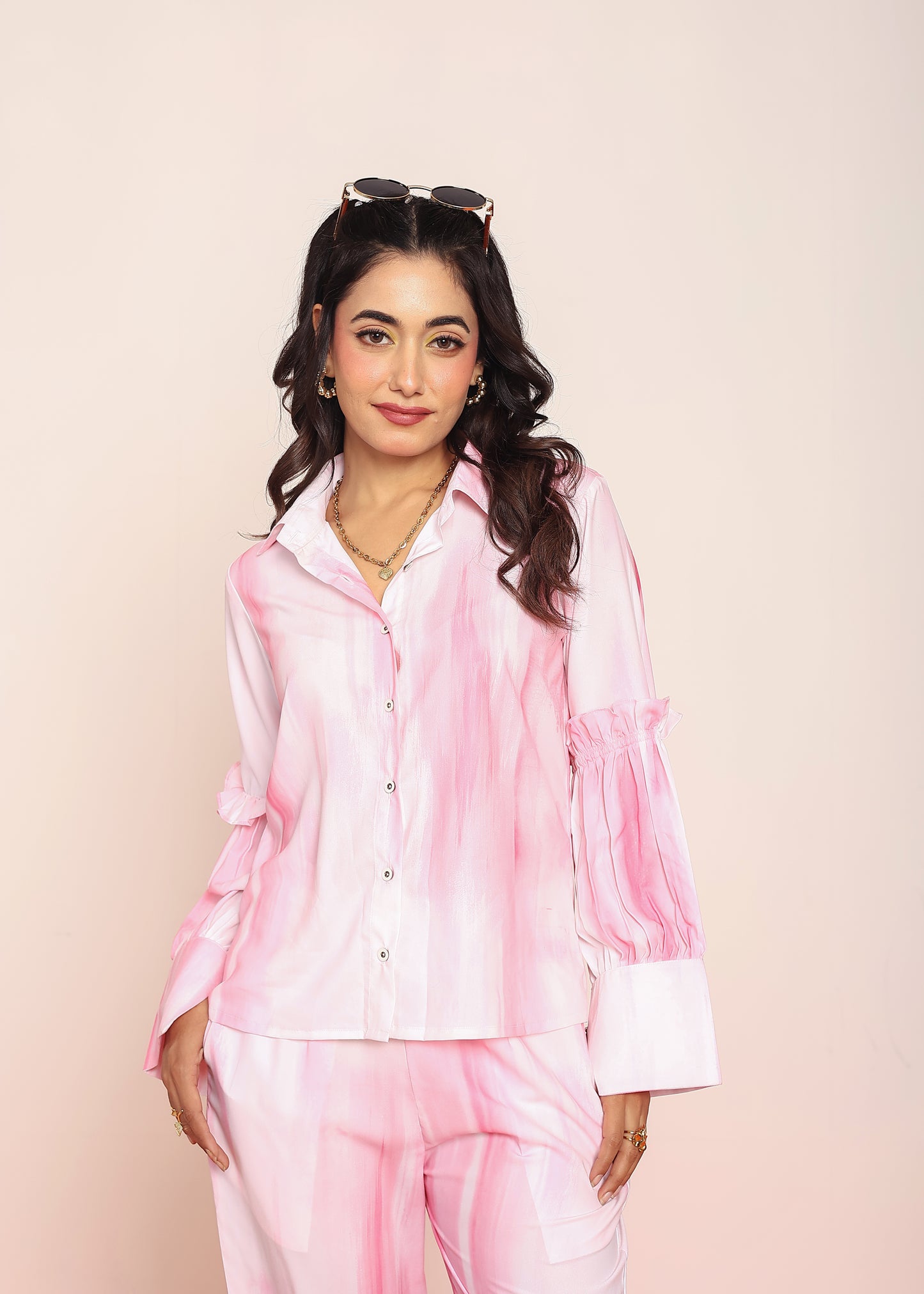 Pink printed co- ord set with detailed ruffles
