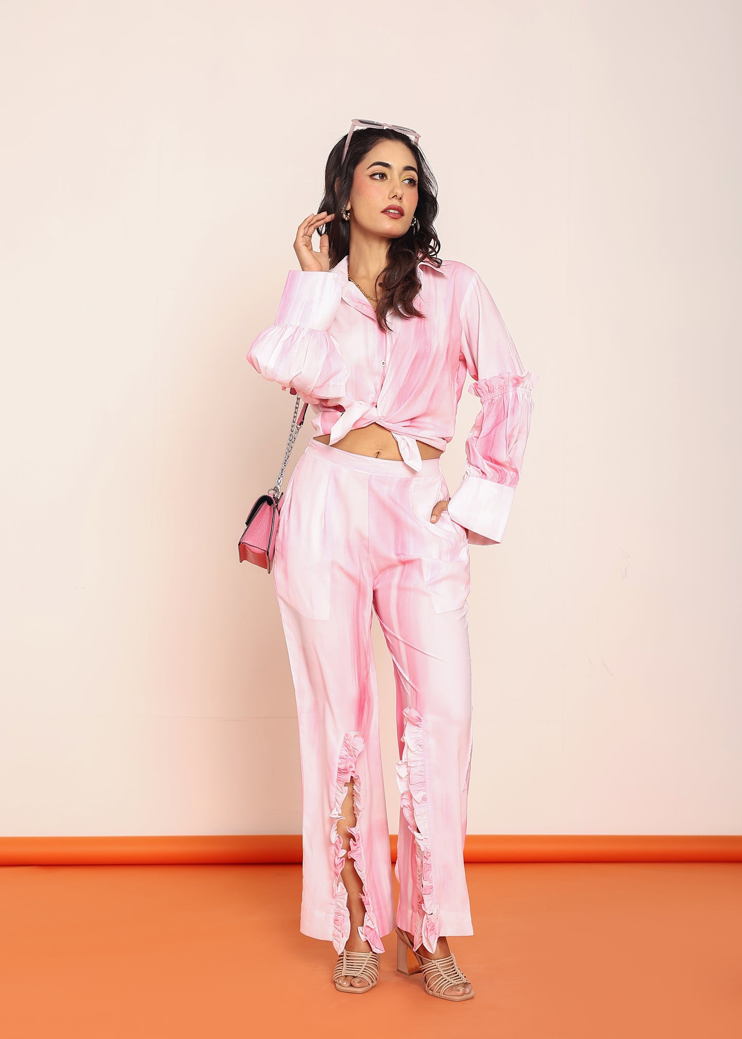 Pink printed co- ord set with detailed ruffles