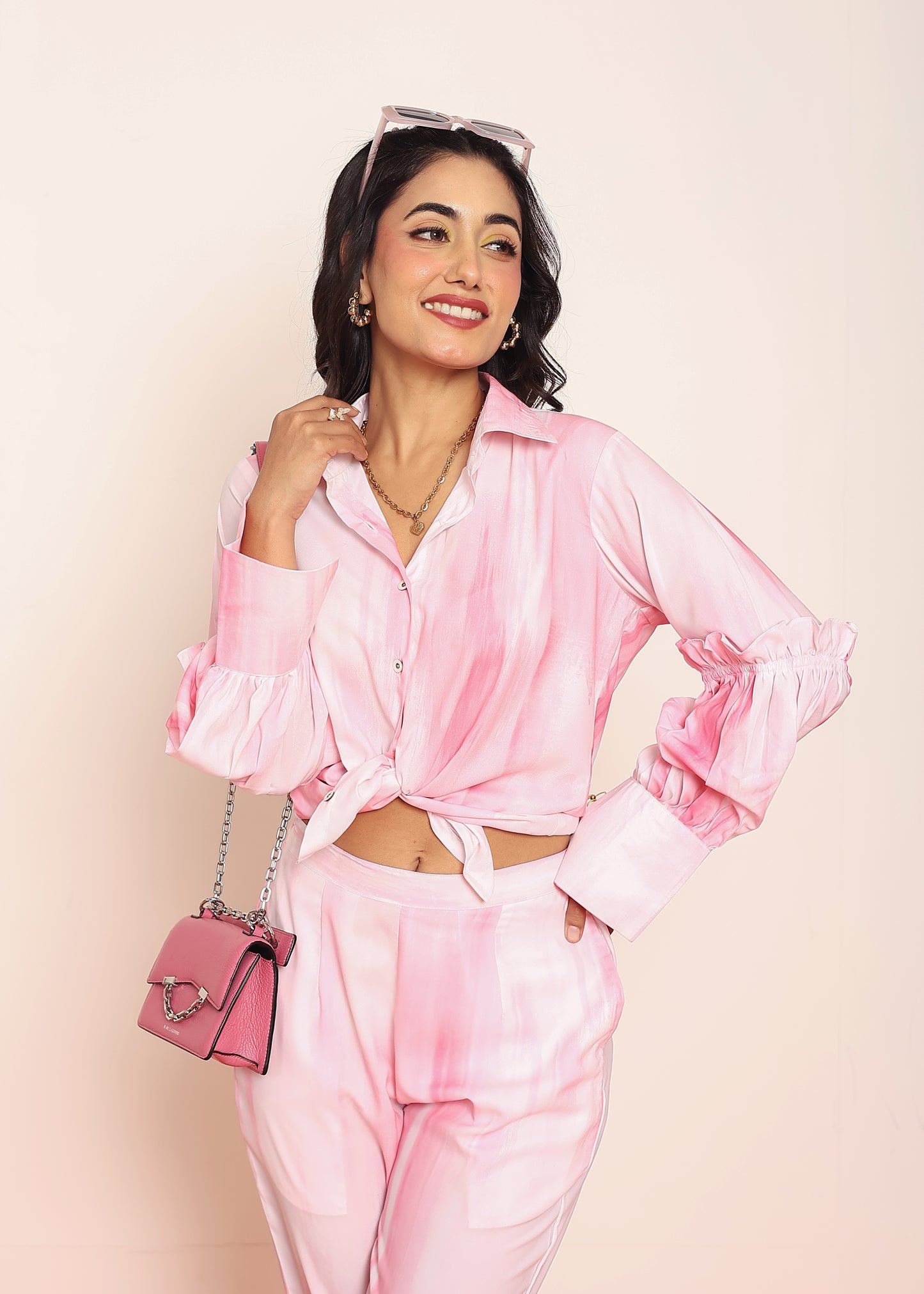 Pink printed co- ord set with detailed ruffles