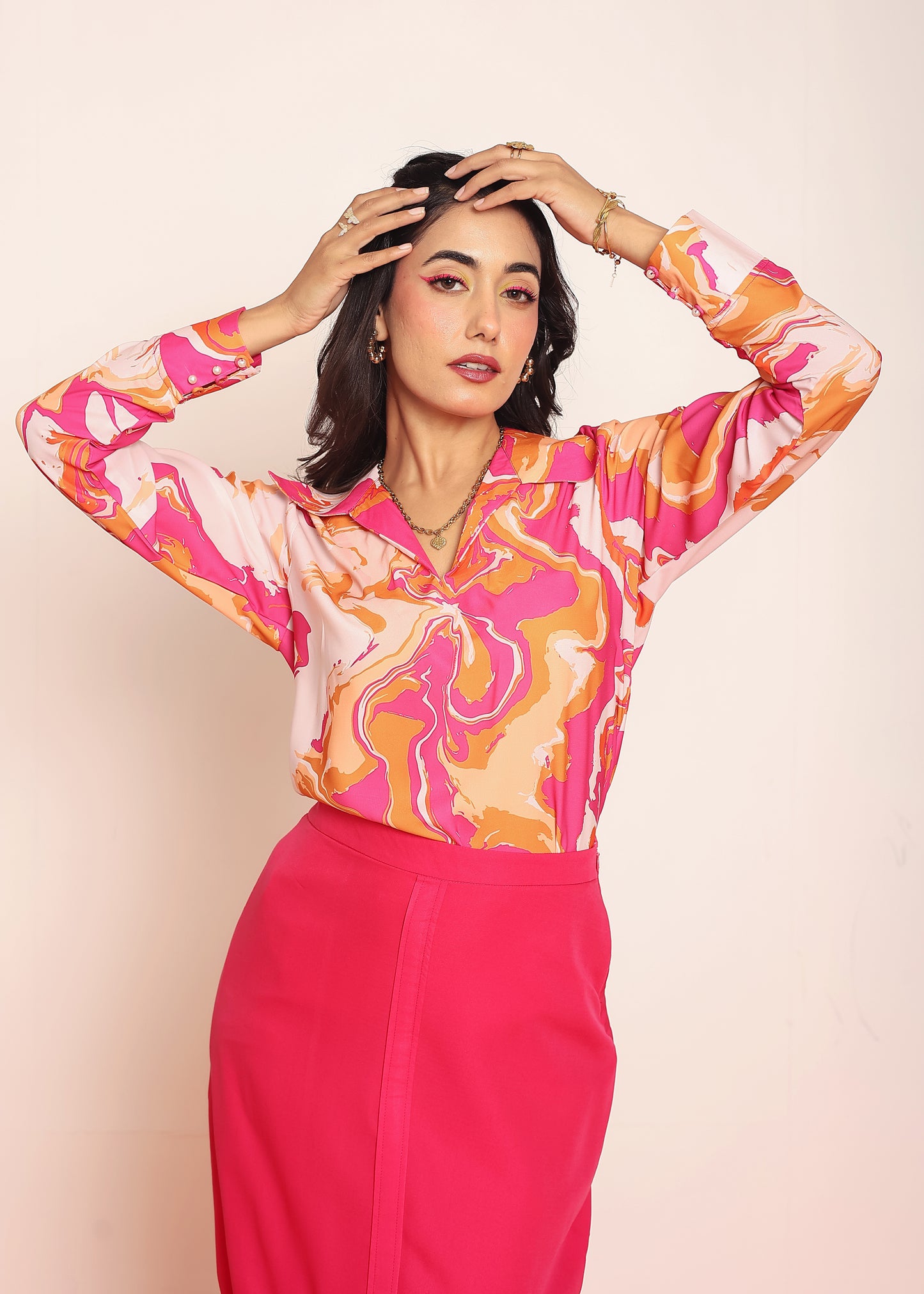 Printed top with solid knotting skirt