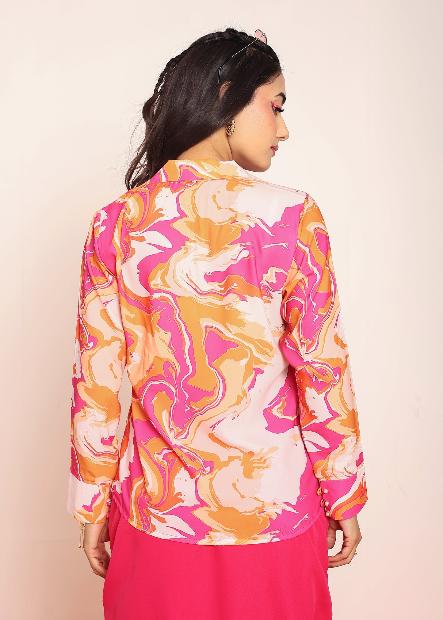 Printed top with solid knotting skirt
