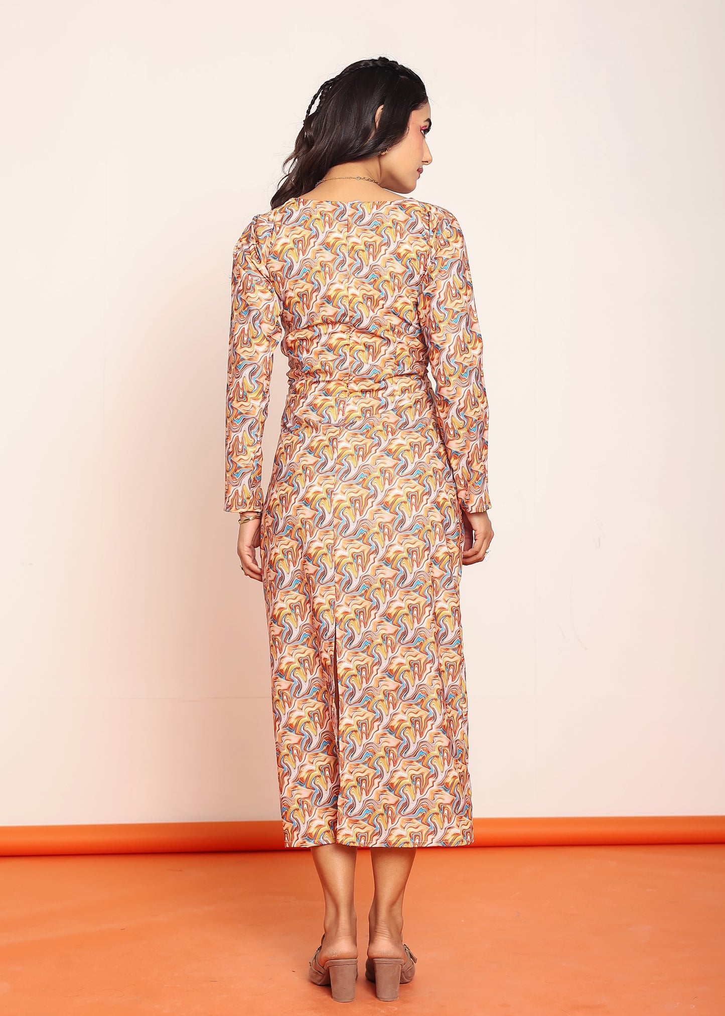 Printed waist-cutout maxi dress with belt