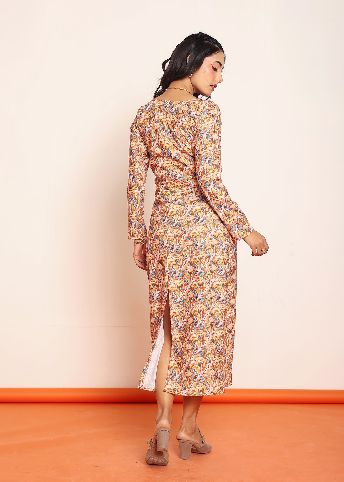 Printed waist-cutout maxi dress with belt