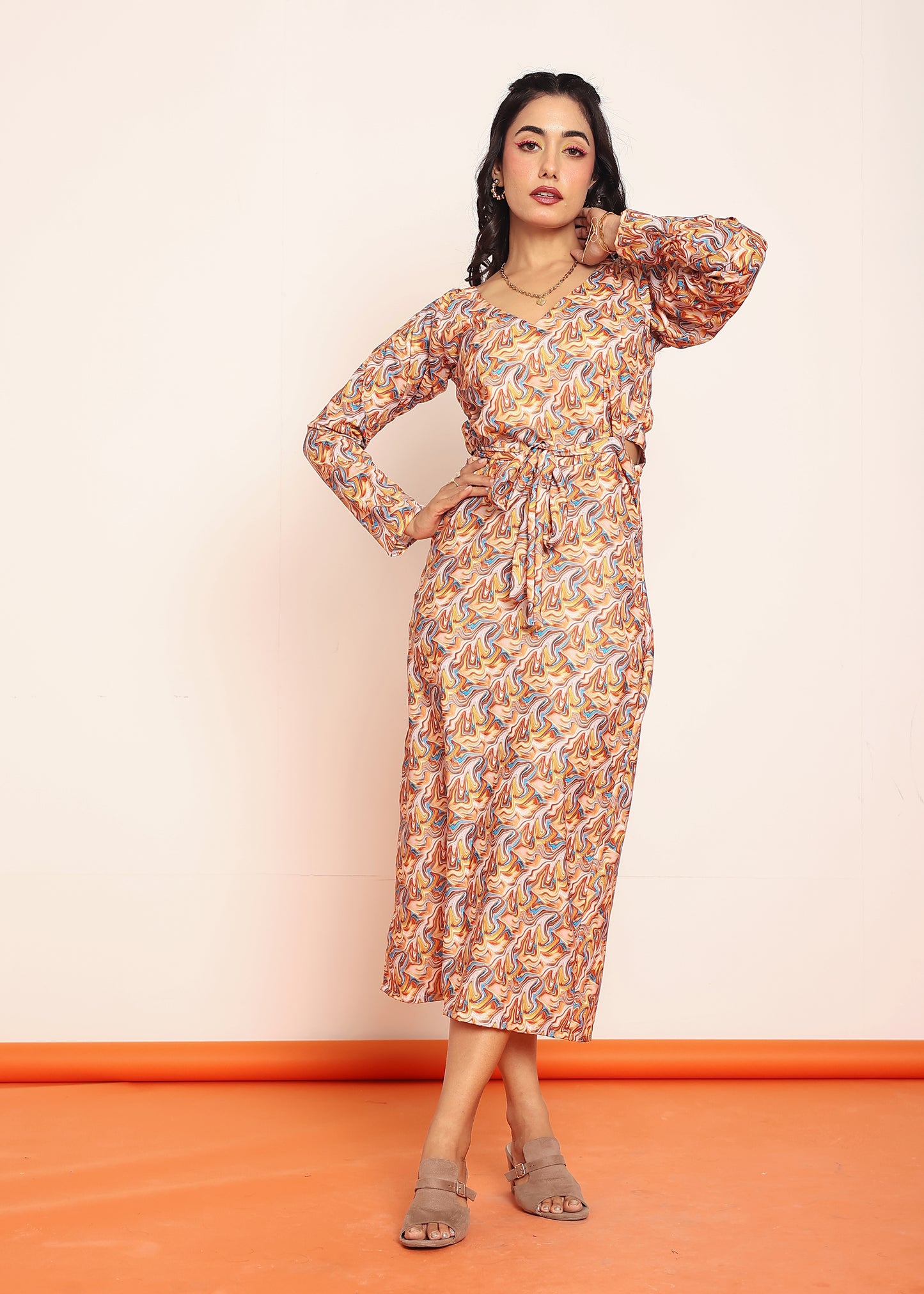 Printed waist-cutout maxi dress with belt