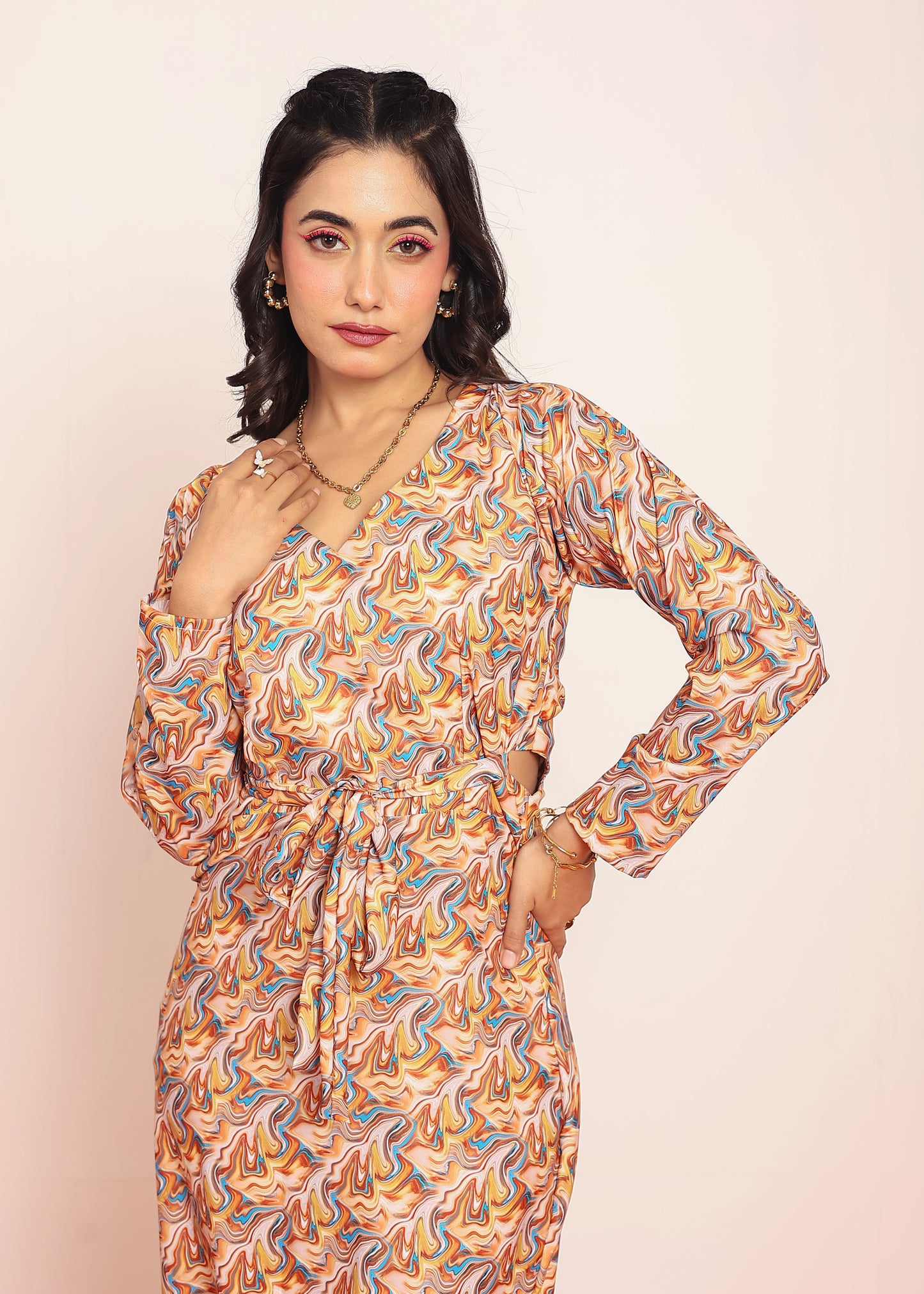 Printed waist-cutout maxi dress with belt