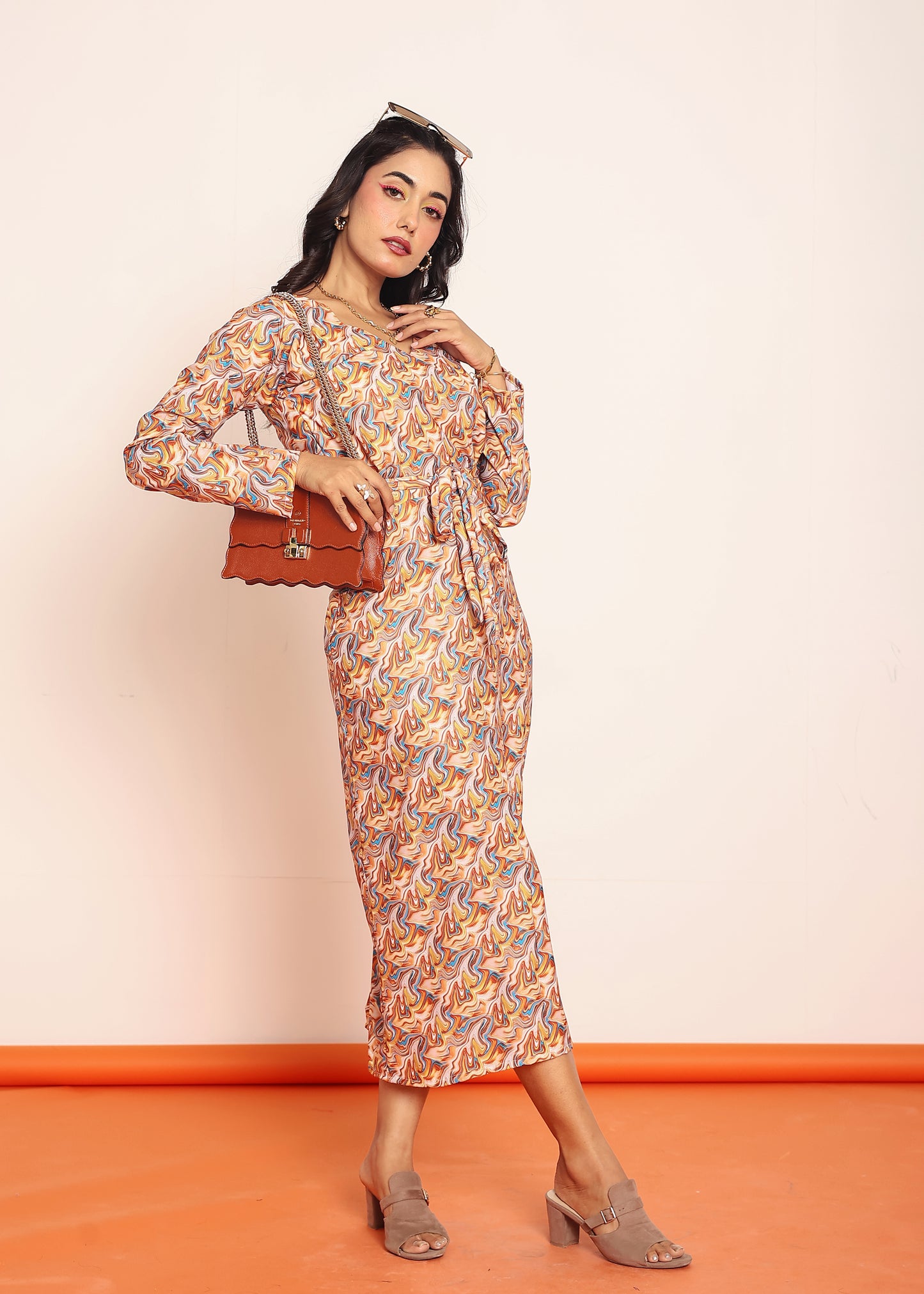 Printed waist-cutout maxi dress with belt