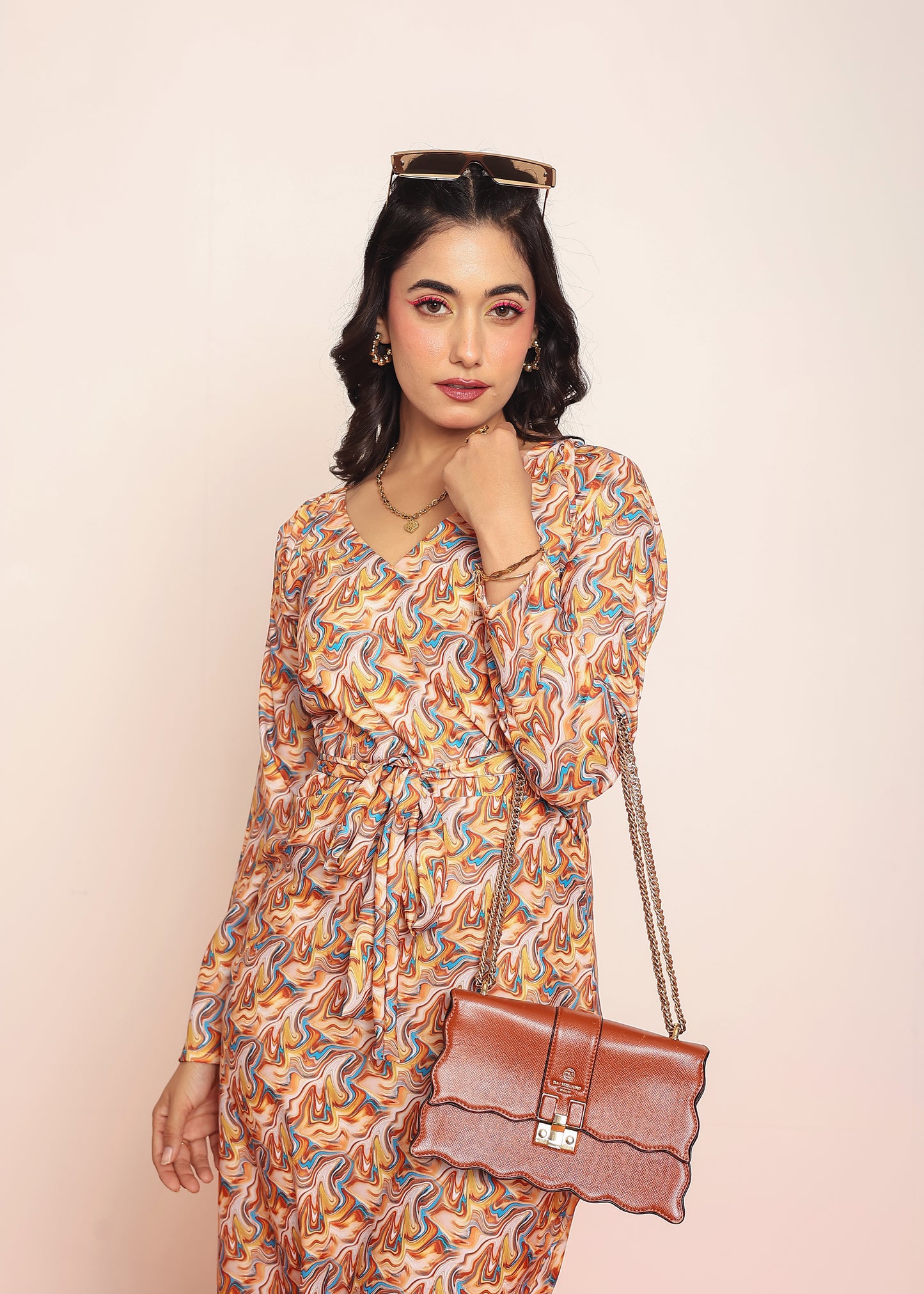 Printed waist-cutout maxi dress with belt