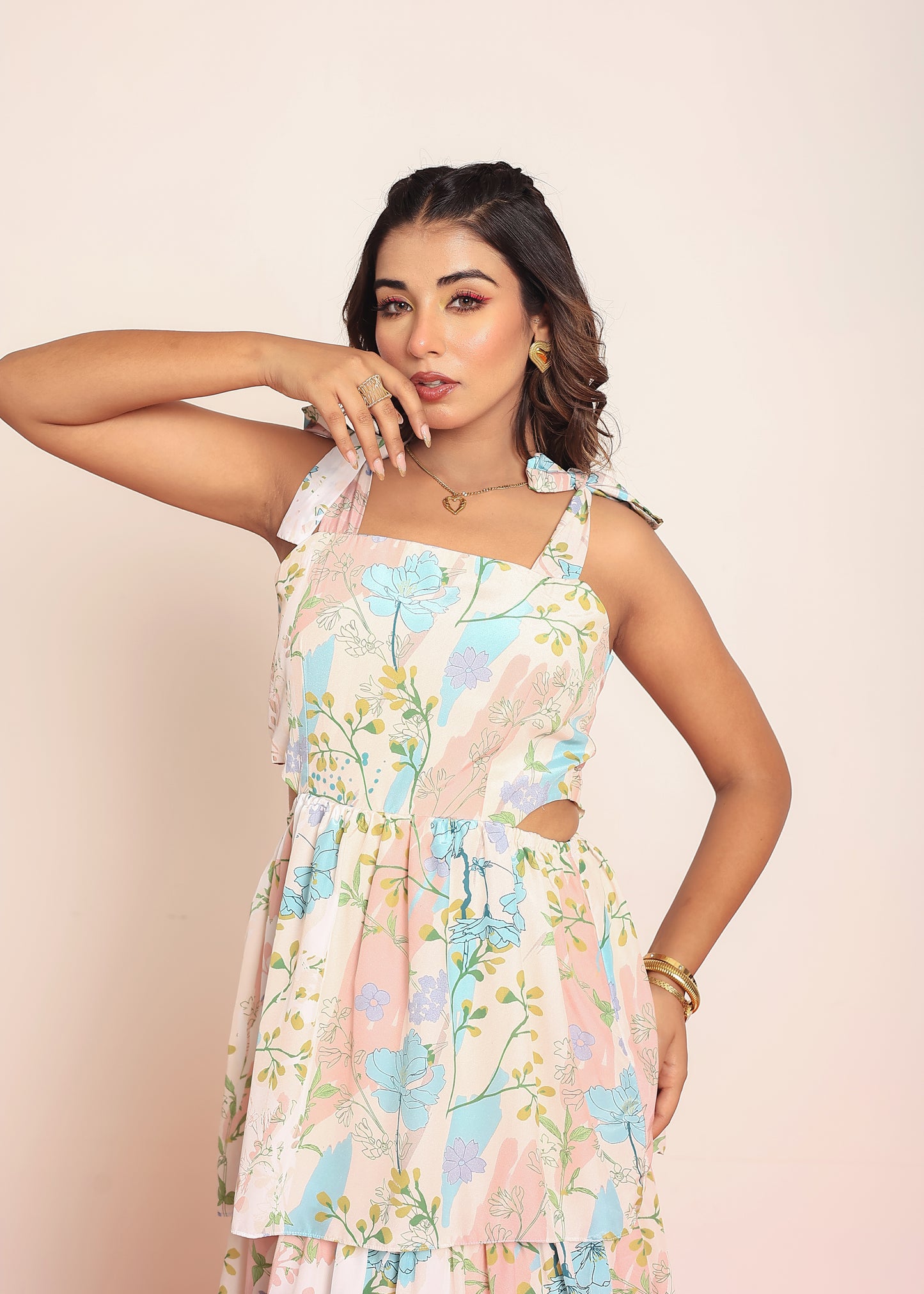 Printed maxi tiered dress with side waistcutouts