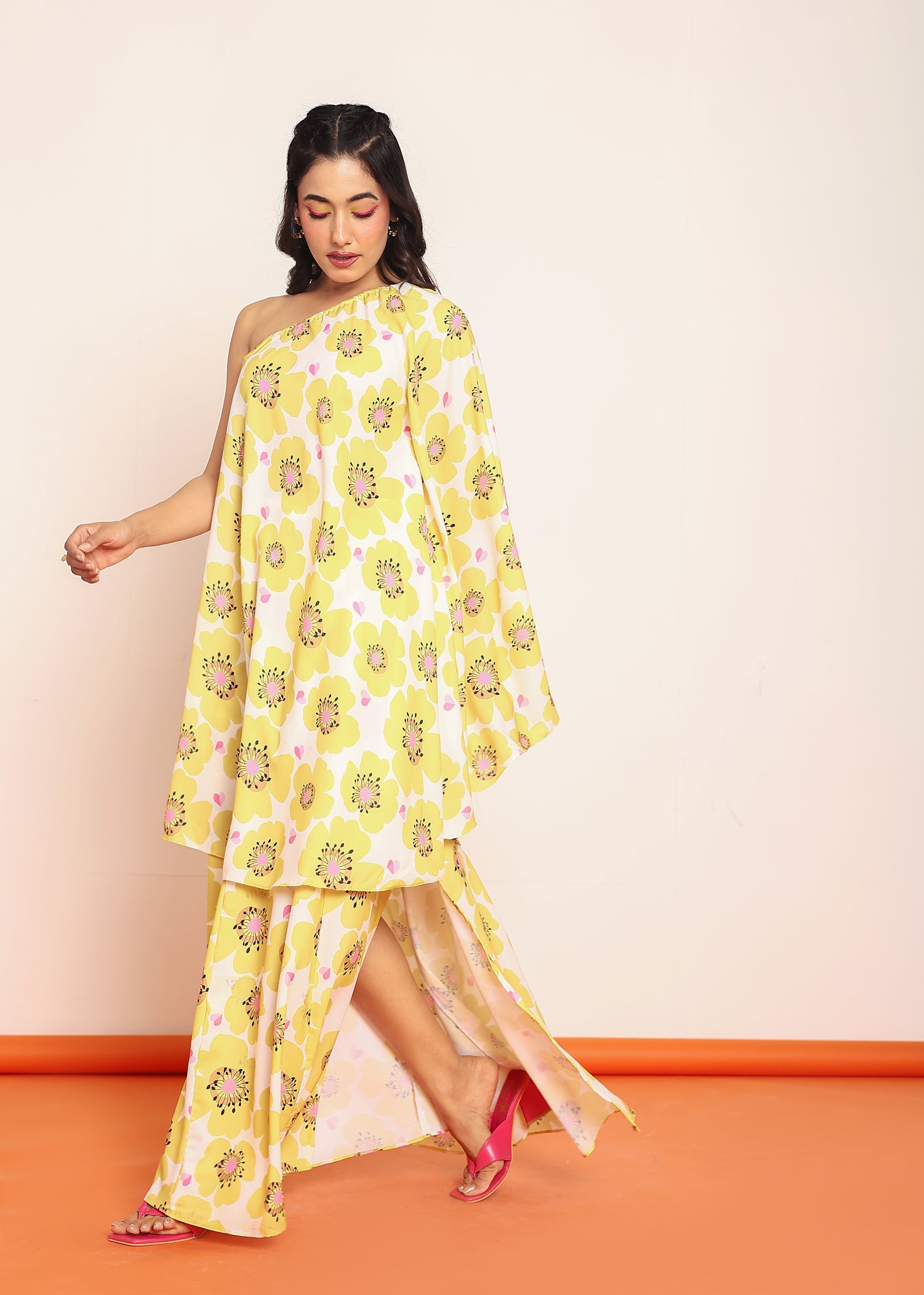 Printed umbrella -cut top with side slited skirt