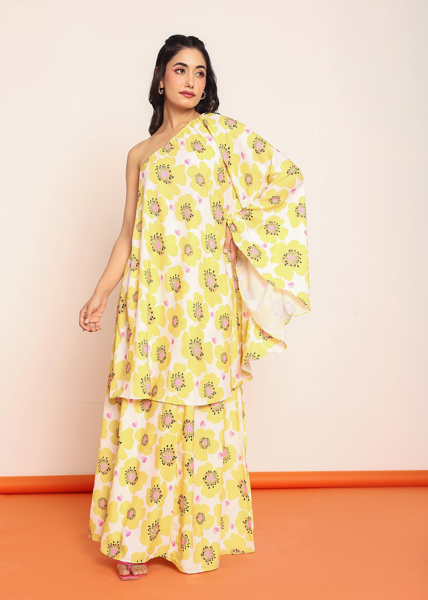 Printed umbrella -cut top with side slited skirt