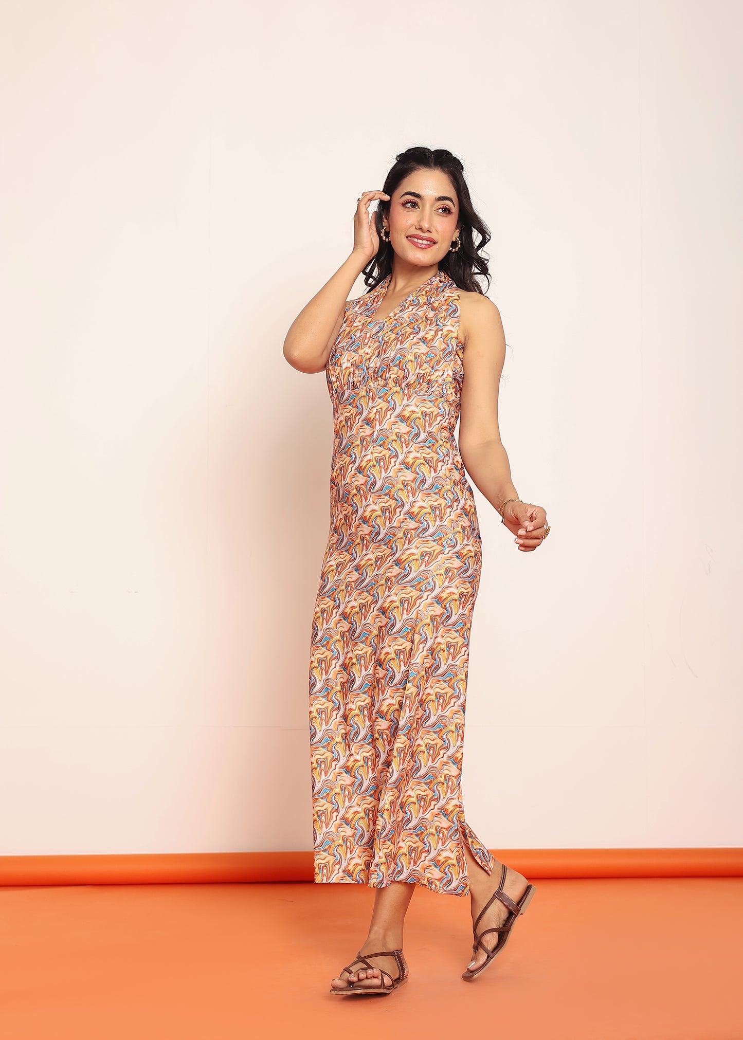Printed maxi dress with adjustable neck strap