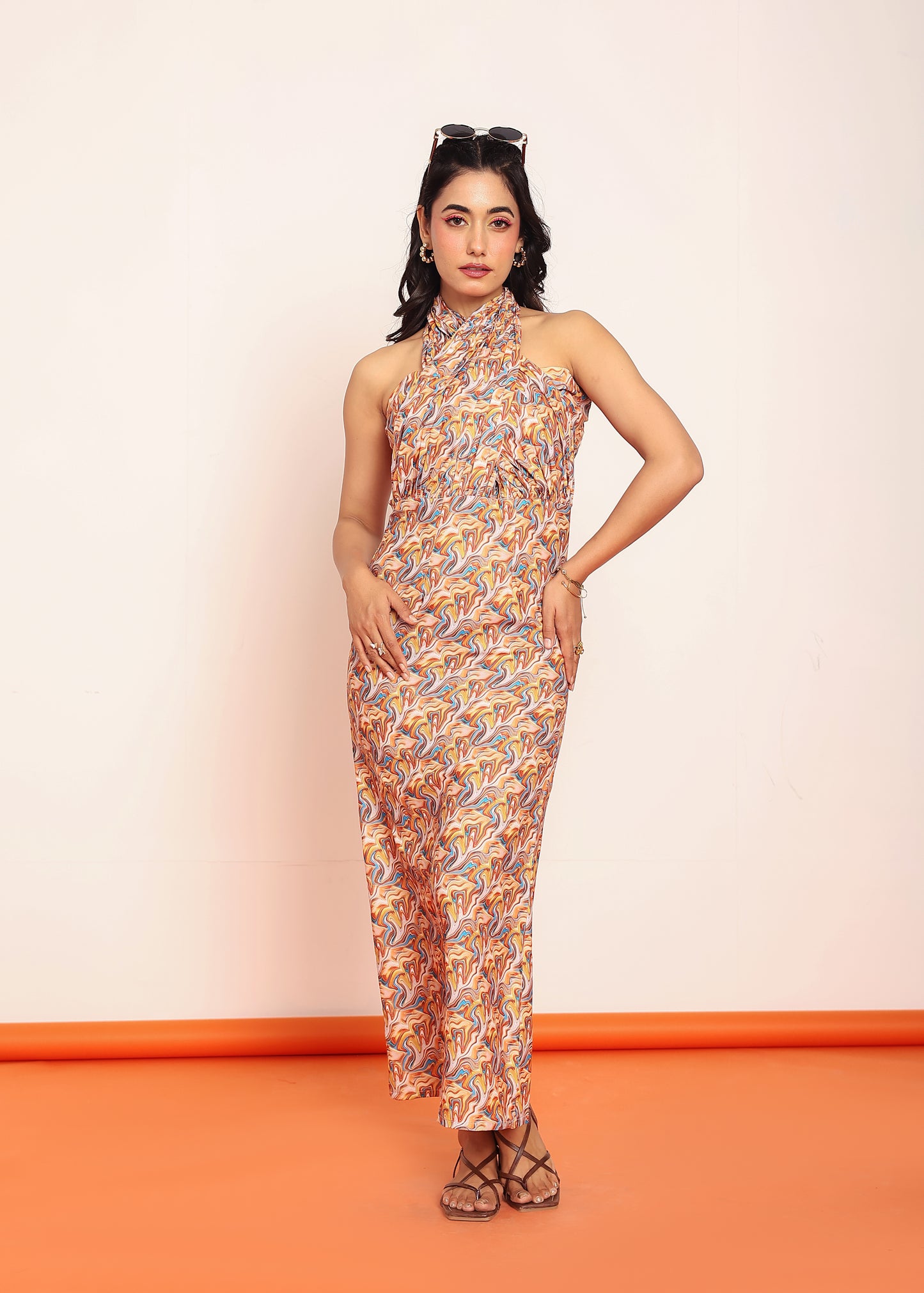 Printed maxi dress with adjustable neck strap