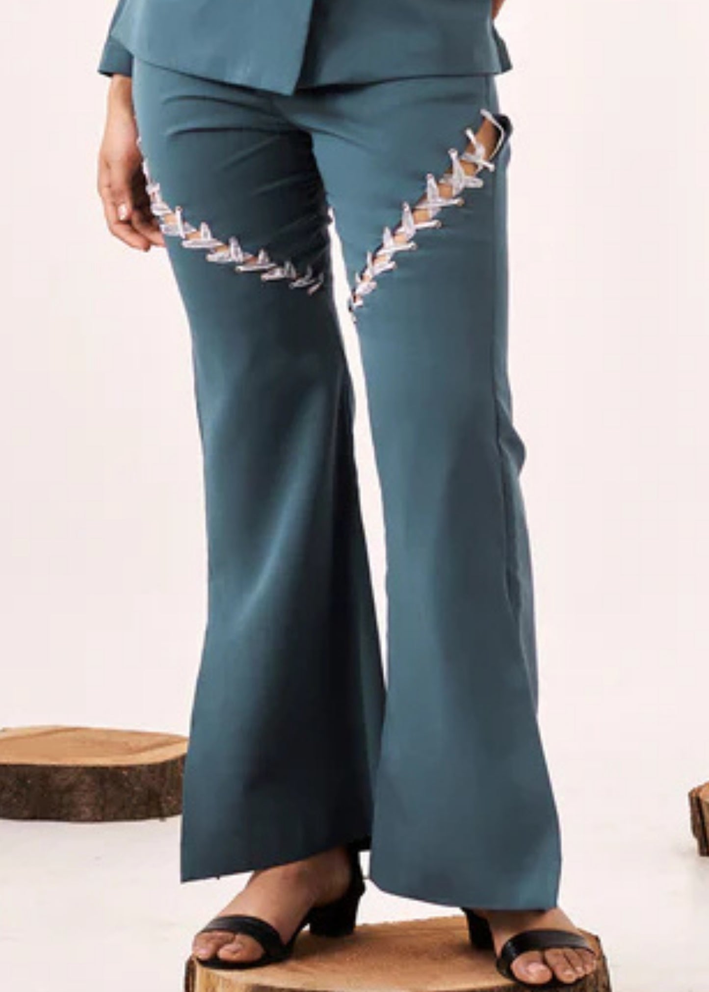 Solid embellished blue boot-cut pant