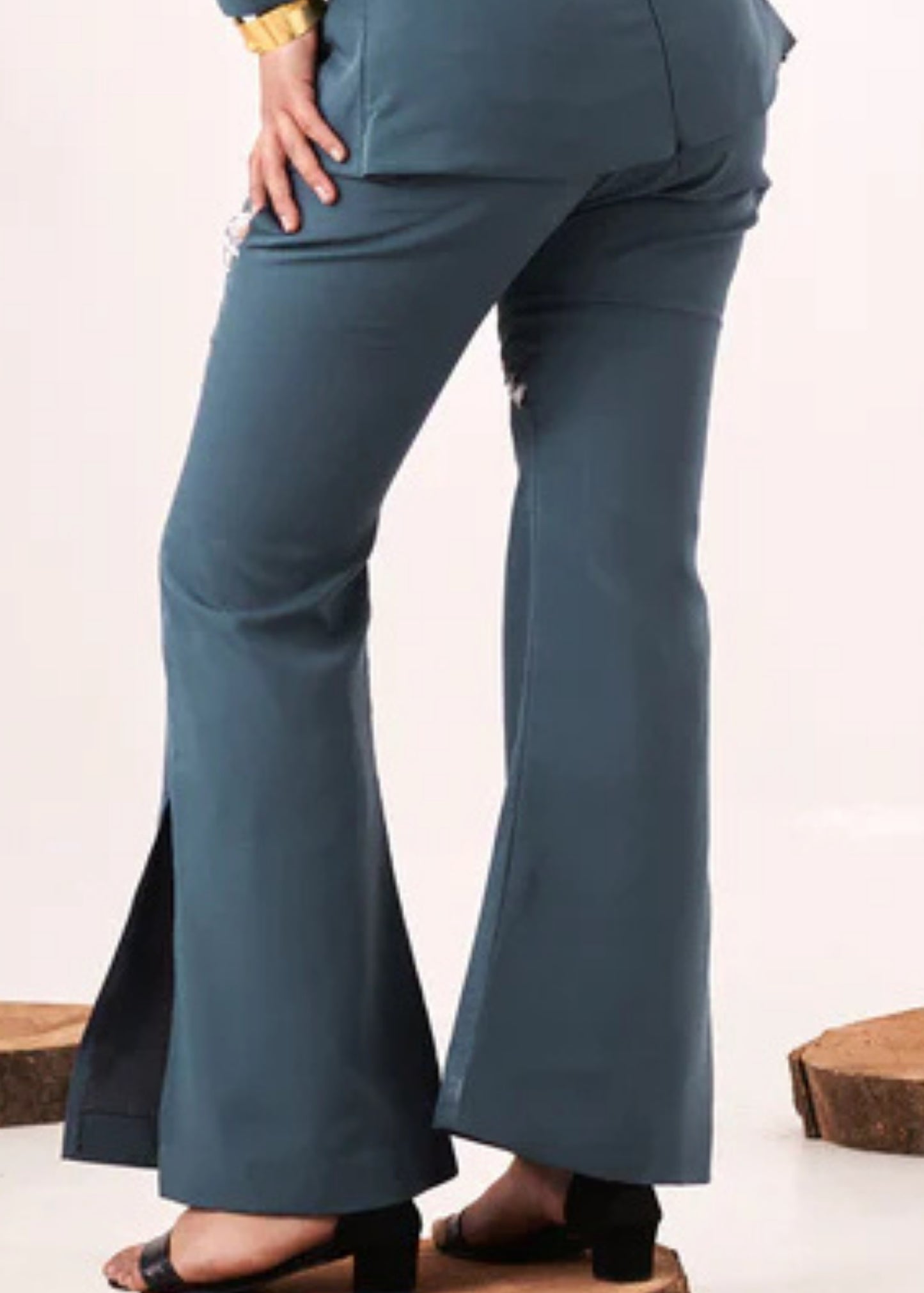 Solid embellished blue boot-cut pant