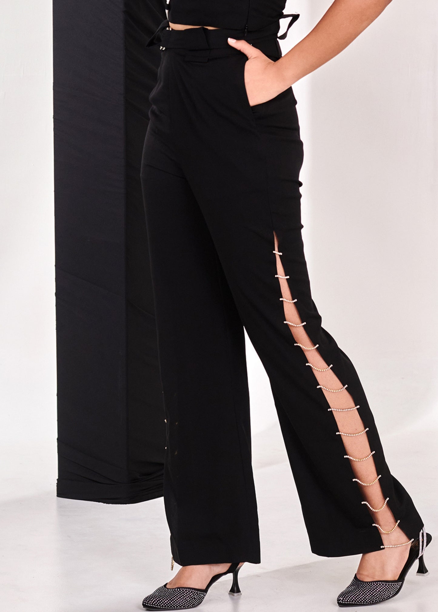 Black rhinstone wide leg pant