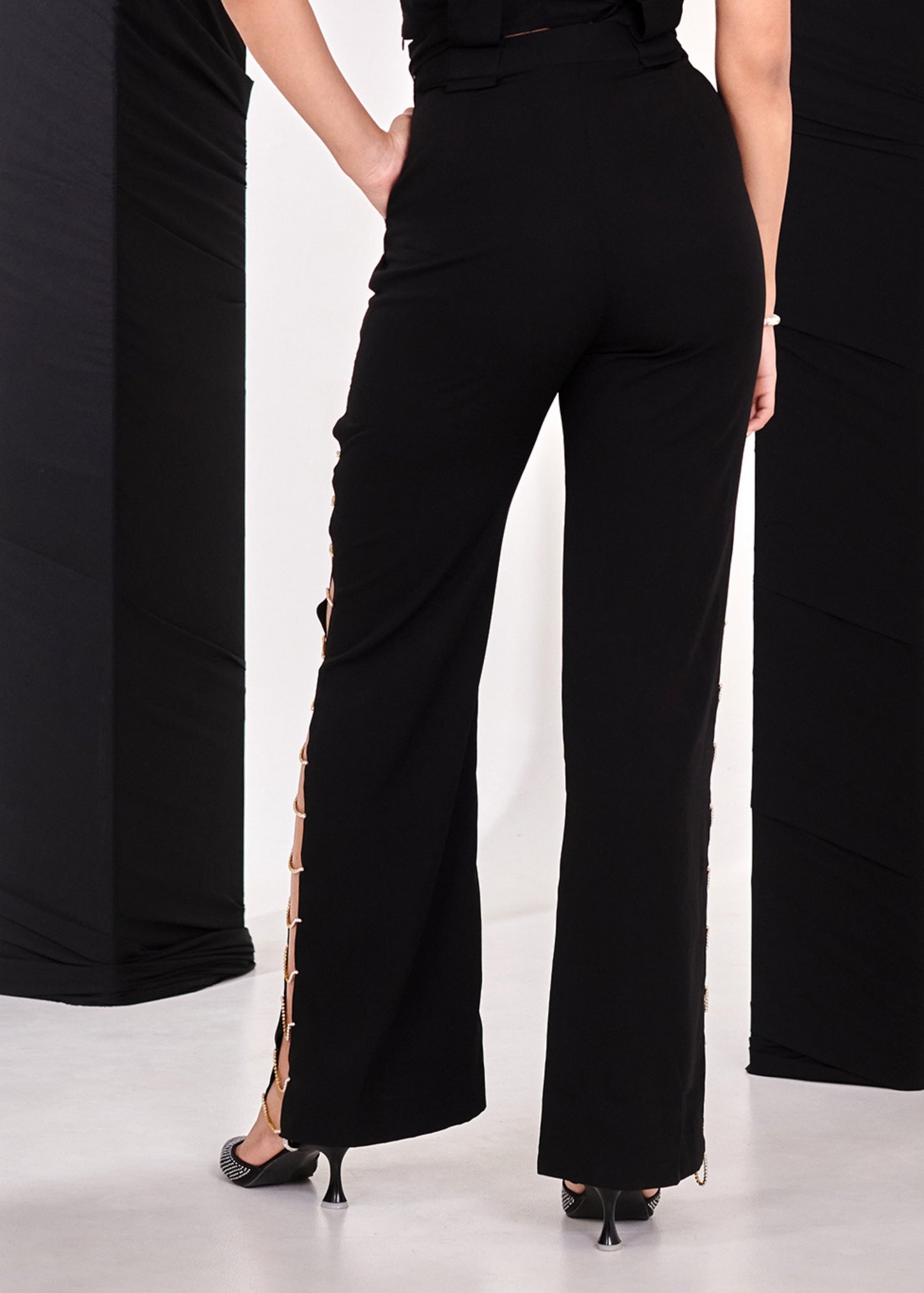 Black rhinstone wide leg pant