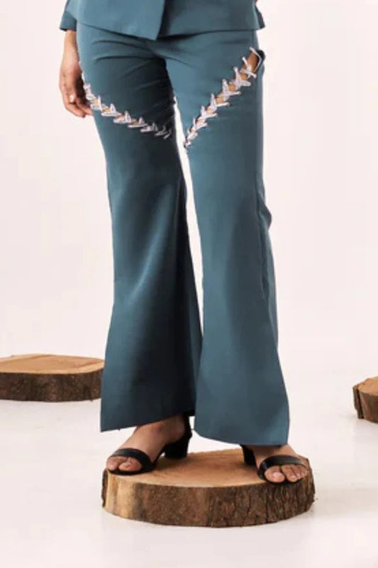 Solid embellished blue boot-cut pant