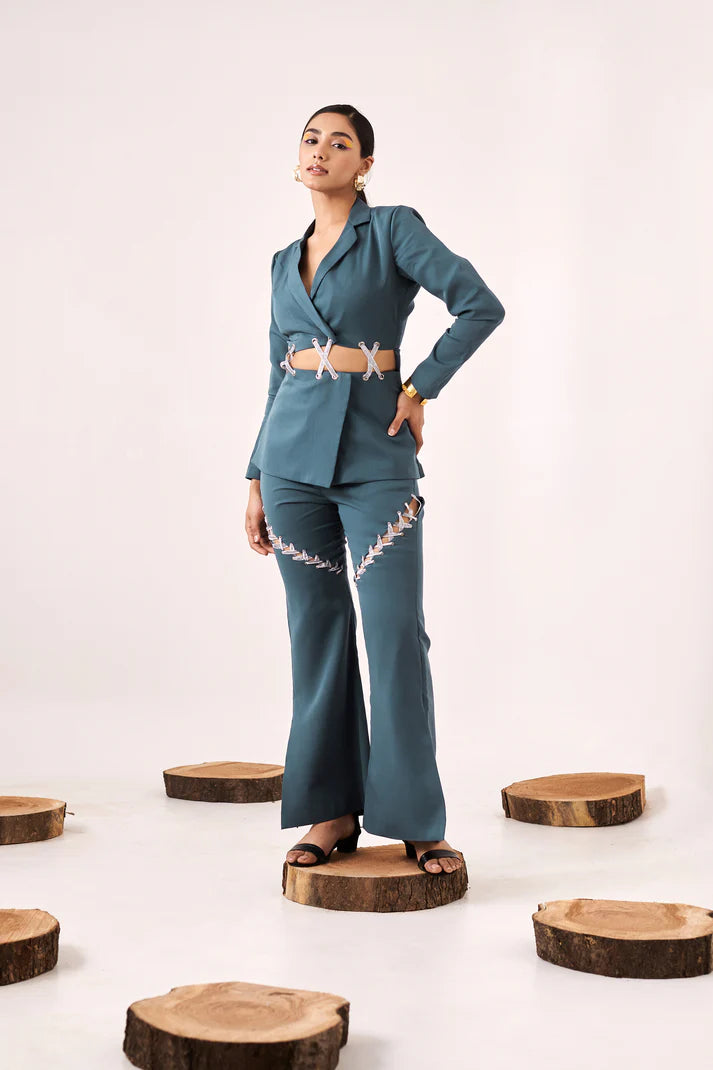 Solid embellished blue boot-cut pant