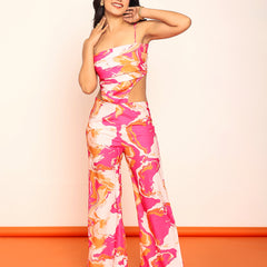 Printed jumpsuit with side waist cutouts