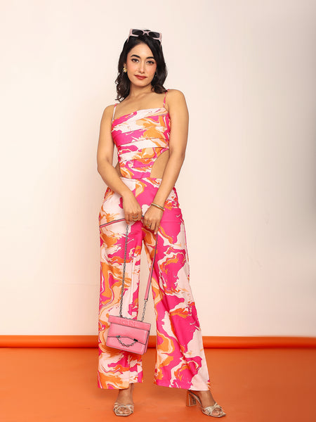 Printed jumpsuit with side waist cutouts