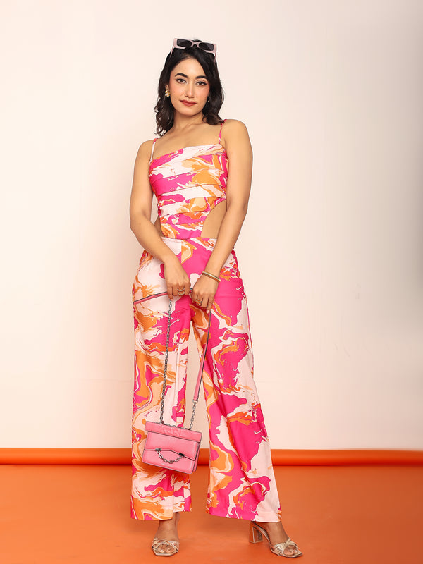 Printed jumpsuit with side waist cutouts